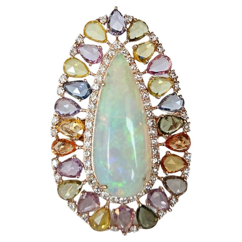 10.05 carats, Ethiopian Opal, Ceylon Multi Sapphires & Diamonds Cocktail Ring For Sale