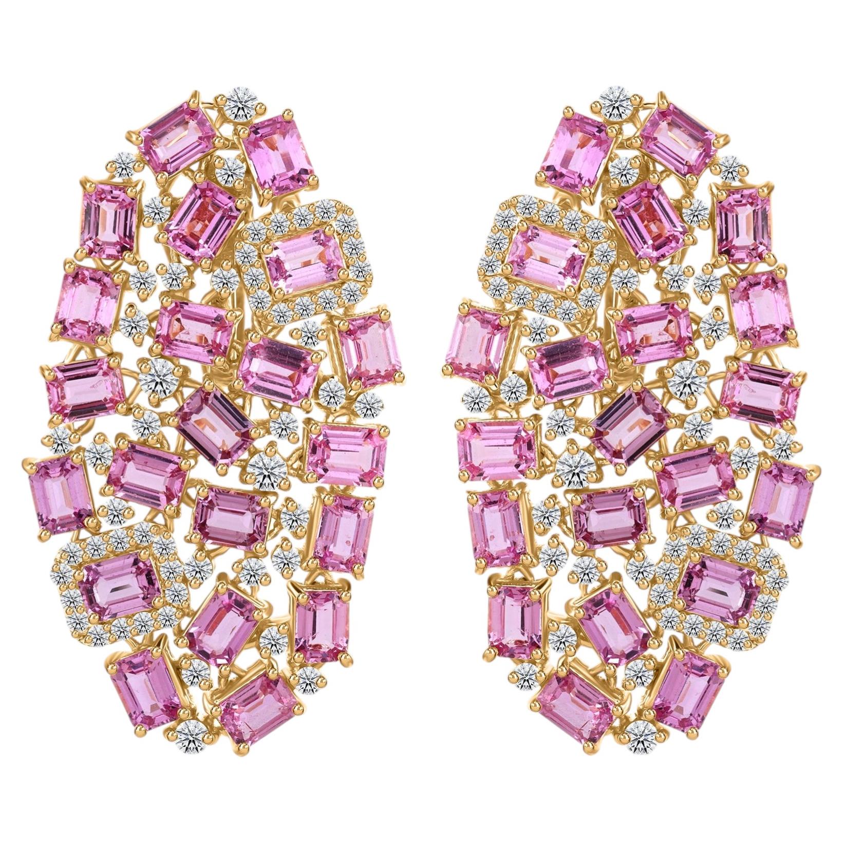 10.05 Carats Natural Pink Sapphire 1.17 Carats Diamond Earrings 18K Yellow Gold