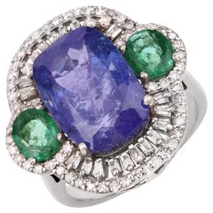 10.05cttw Tanzanite, Emerald with Diamonds 0.82cttw Sterling Silver Ring