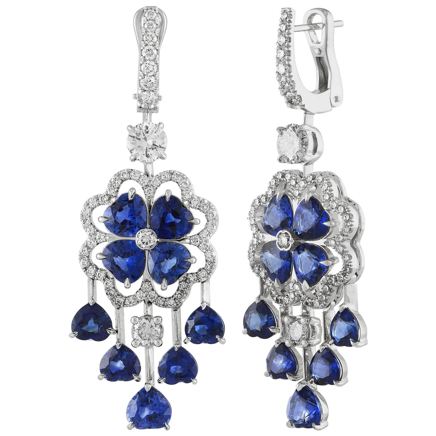 10.06 Carat Blue Sapphire and Diamond Gold Chandelier Earrings For Sale