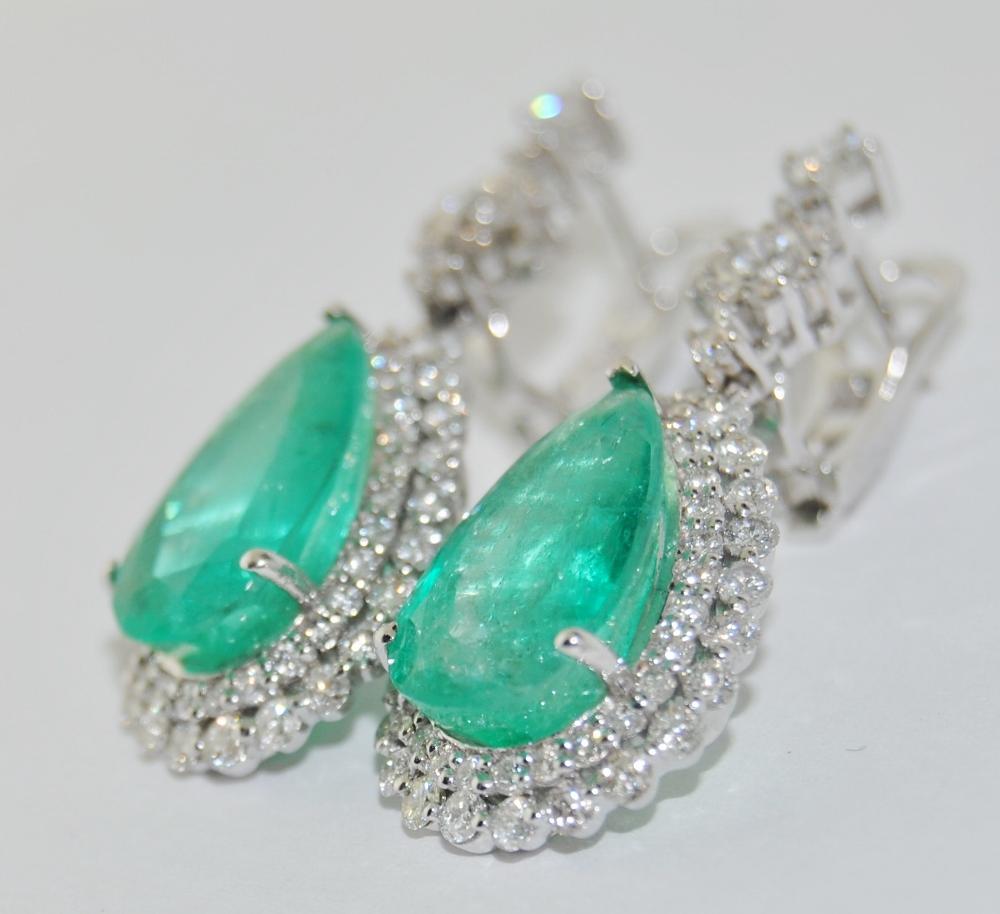 Pear Cut 10.06 Carat Emerald and Diamond Drop Earrings, 18 Karat For Sale