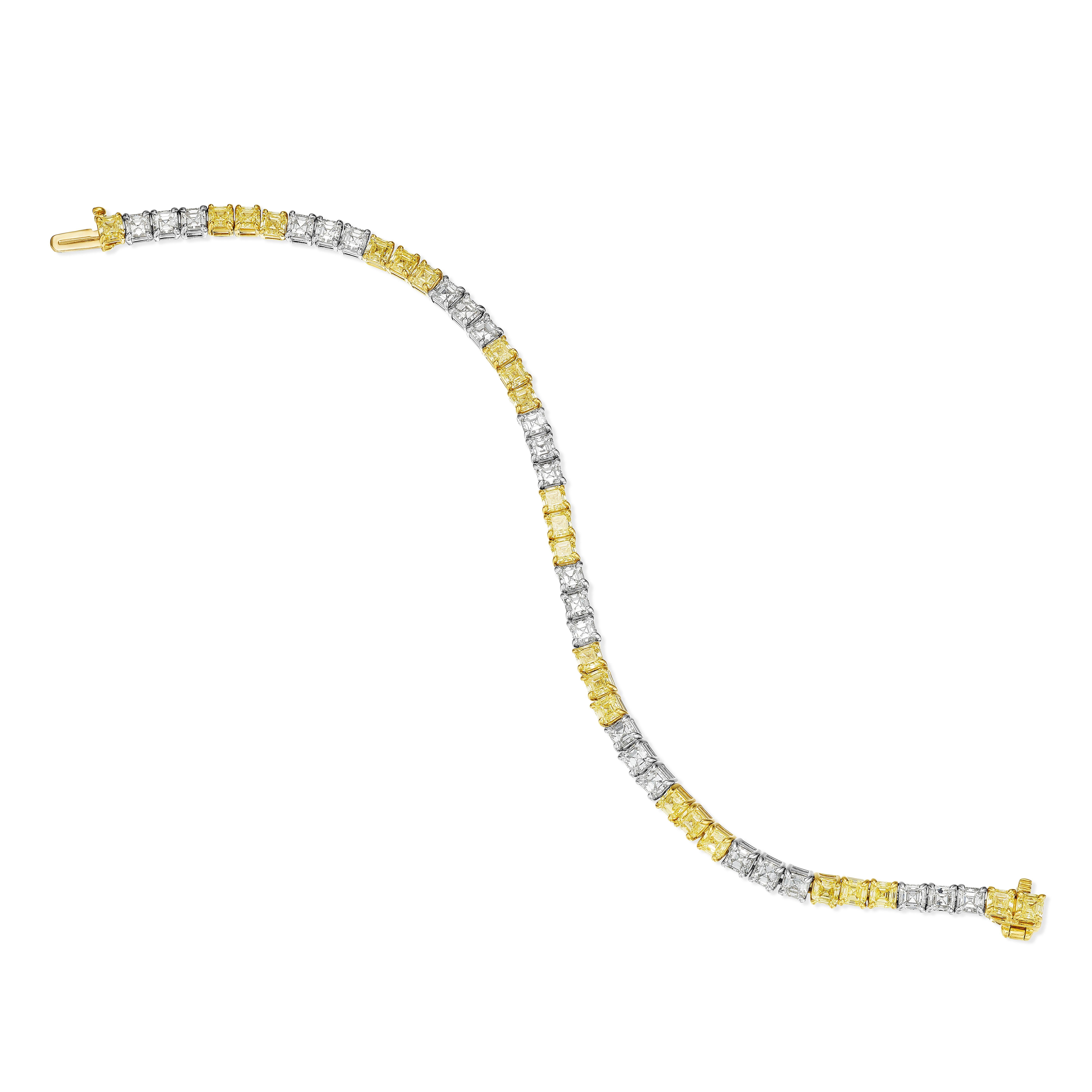 •	Platinum & 18KT Two Tone Gold
•	7” Long
•	10.06 Carats

•	Number of Fancy Yellow Diamonds: 24
•	Carat Weight: 5.56ctw

•	Number of White Diamonds: 24
•	Carat Weight: 4.50ctw

•	A reworked classic. This Platinum & 18KT Two toned tennis bracelet is