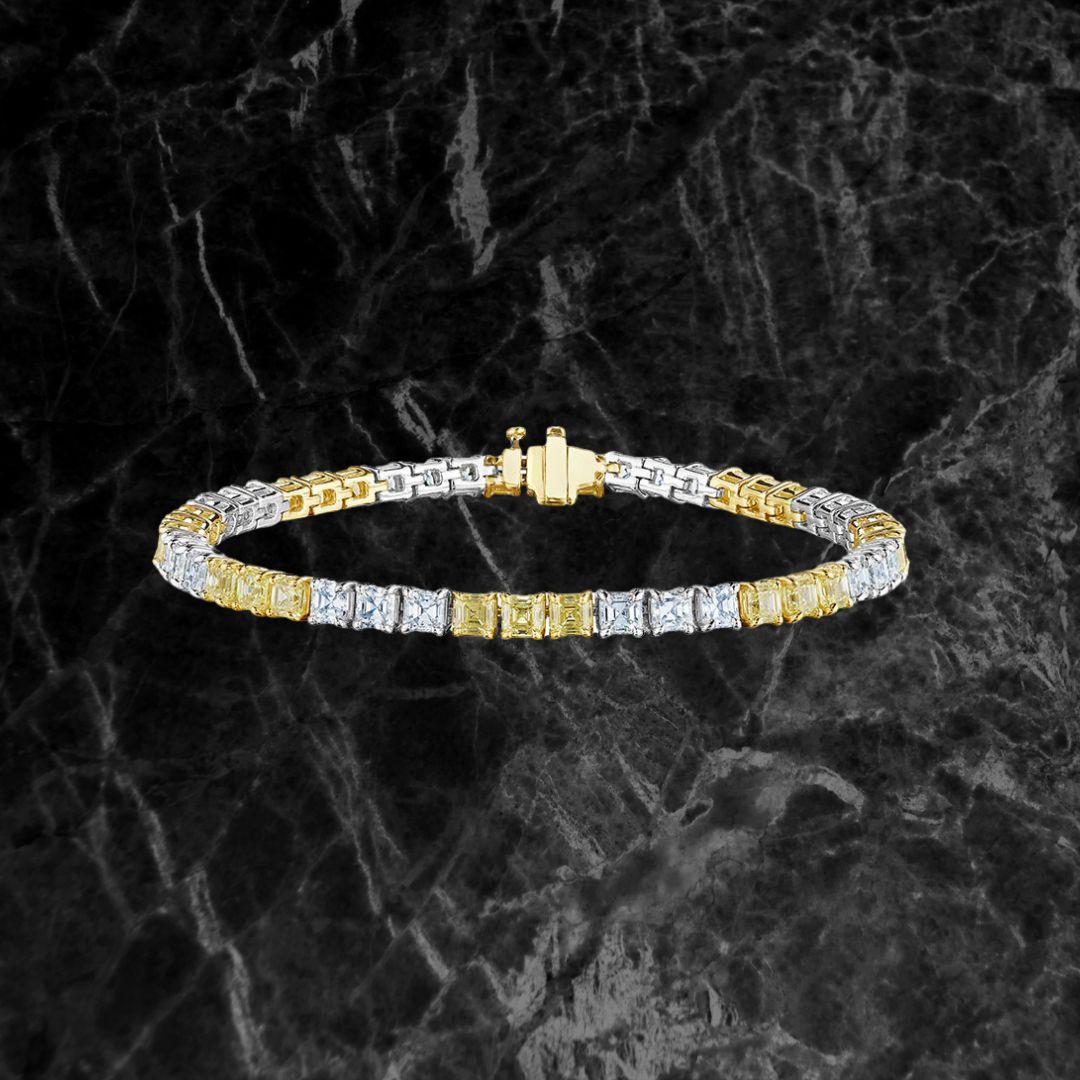 Bracelet tennis blanc et jaune taille Asscher de 10,06 carats Unisexe en vente
