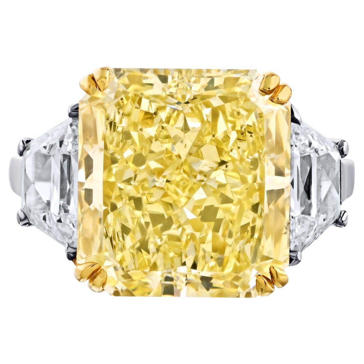 10.06ct Radiant Cut Three Stone Fancy Yellow Diamond Engagement Ring