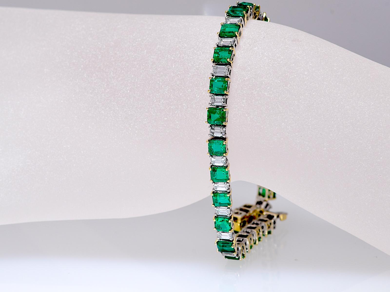Alternating natural emerald and diamond bracelet. The emeralds are slightly graduating in size toward the middle of the bracelet. The length is approximately seven inches. The closure is a friction clasp with fold over safety clasp. 
Item