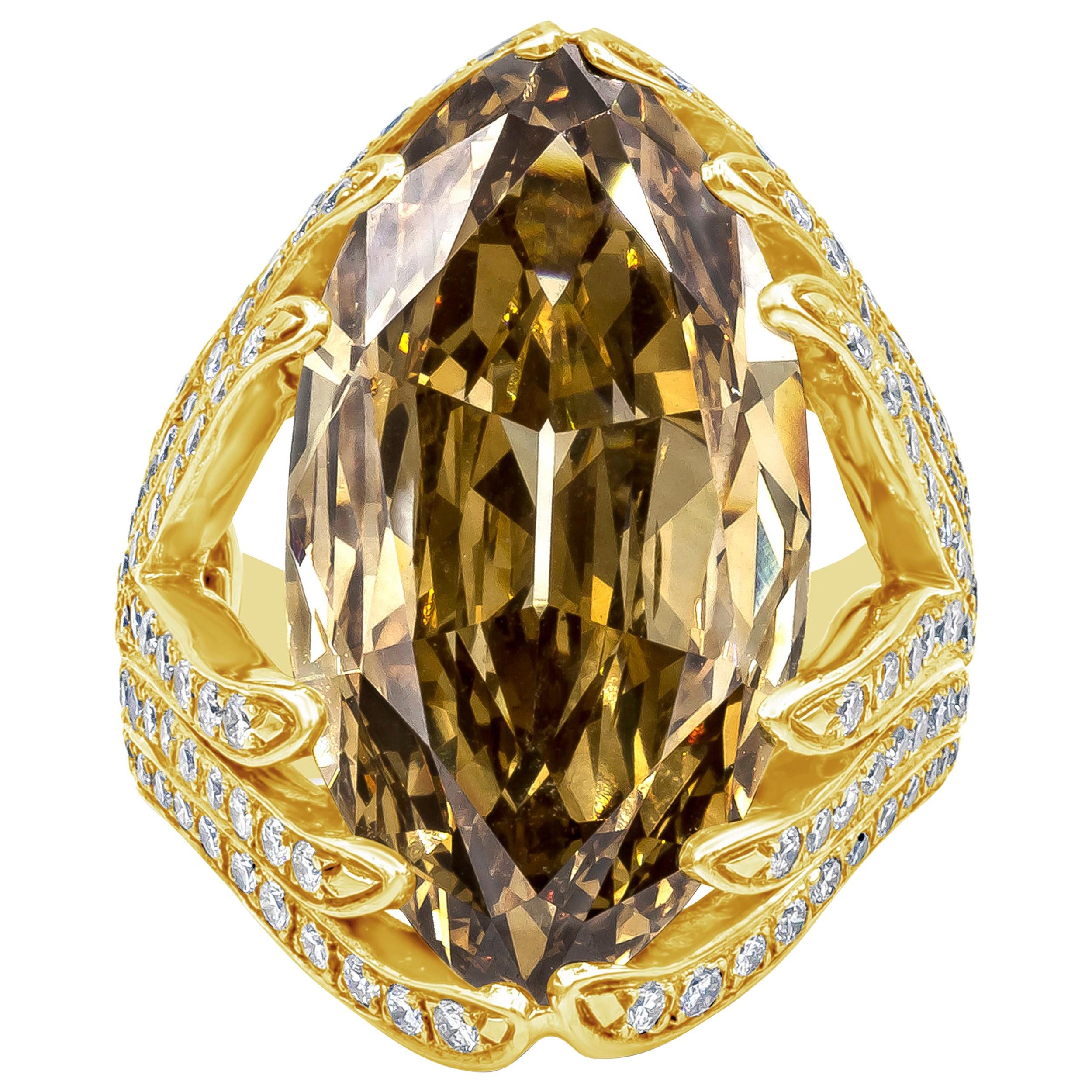 GIA Certified 10.07 Carat Fancy Deep Brown Yellow Marquise Cut Diamond Ring