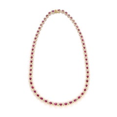10.07 Carat Natural Unheated Rubies & Diamonds Tennis Necklace Made in 18K Gold