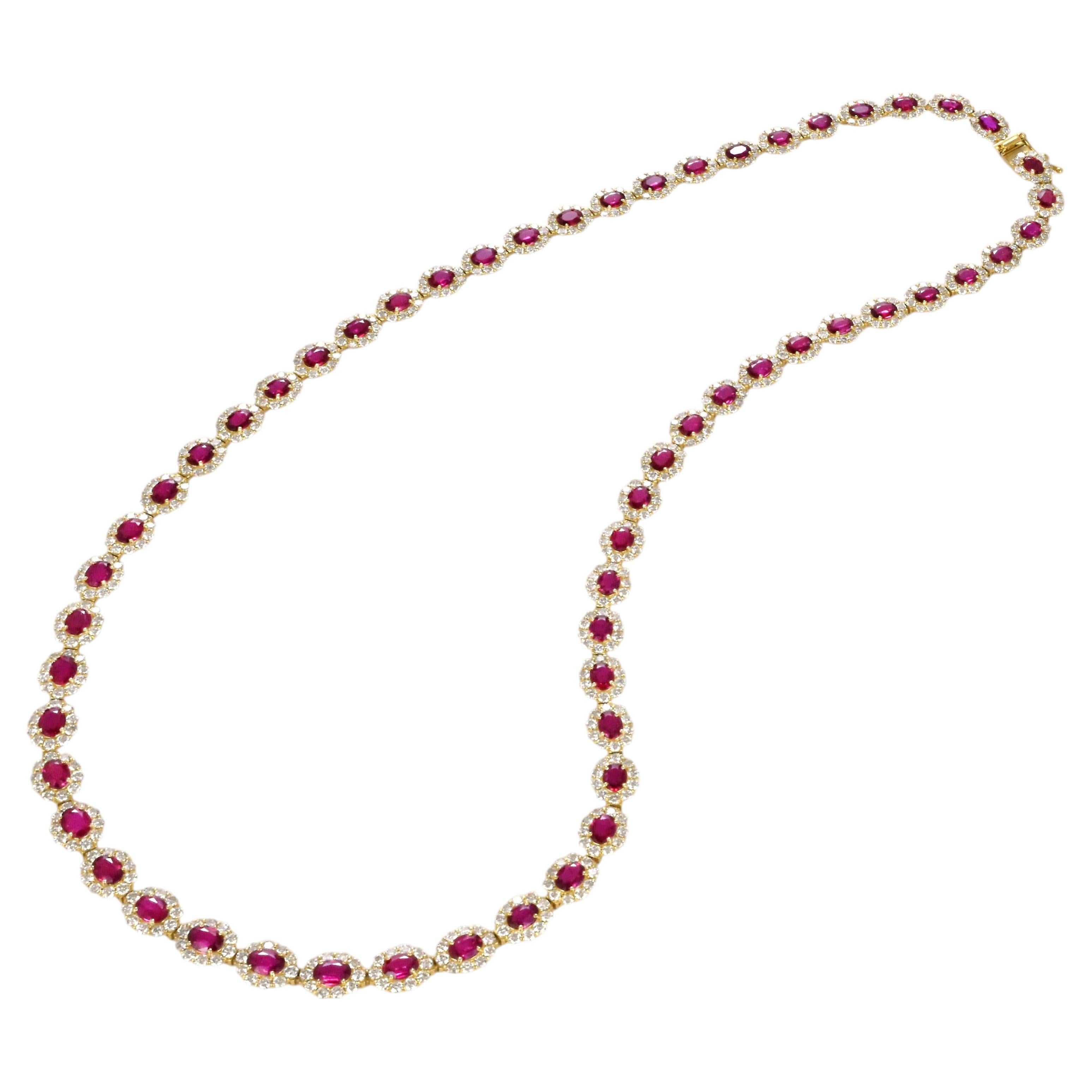 10.07 Carat Natural Unheated Rubies & Diamonds Tennis Necklace Made in 18K Gold