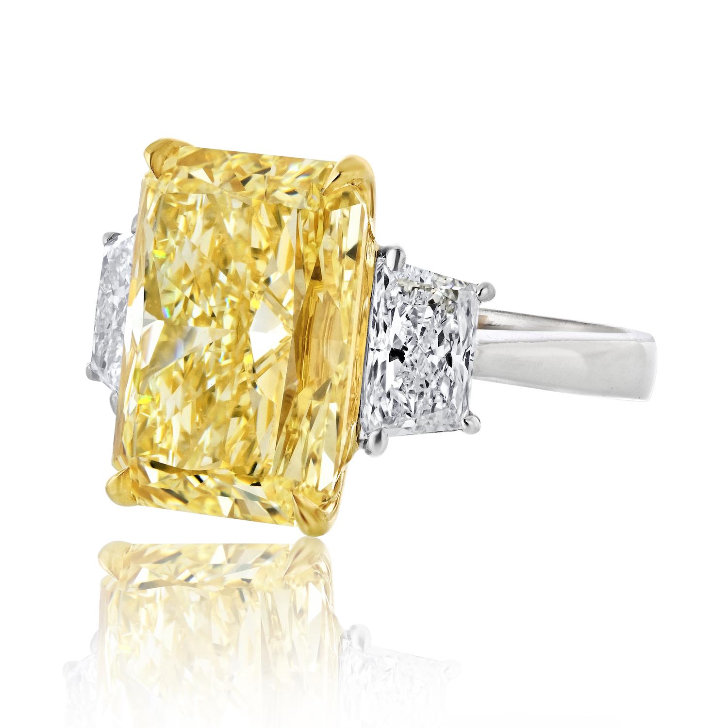 Modern 10.07 Ct Radiant Cut Platinum Fancy Yellow Three Stone Diamond Engagement Ring For Sale