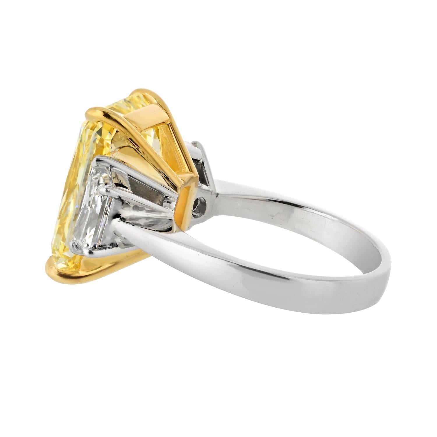 10.07 Ct Radiant Cut Platinum Fancy Yellow Three Stone Diamond Engagement Ring In New Condition For Sale In New York, NY