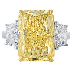 10.07 Ct Radiant Cut Platinum Fancy Yellow Three Stone Diamond Engagement Ring