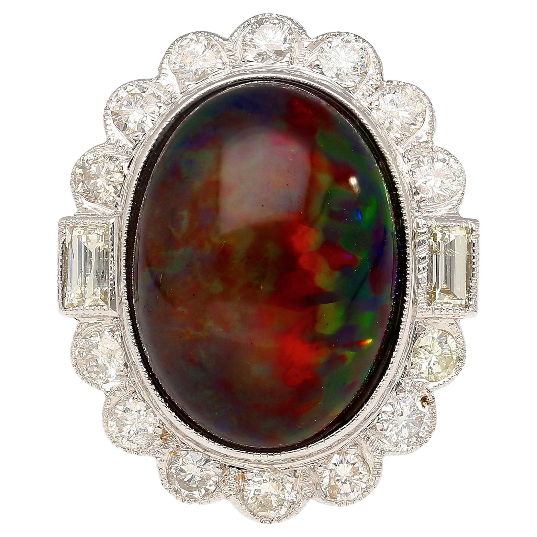 10.08 Carat Black Opal with Baguette and Round Diamond Halo Cocktail Ring