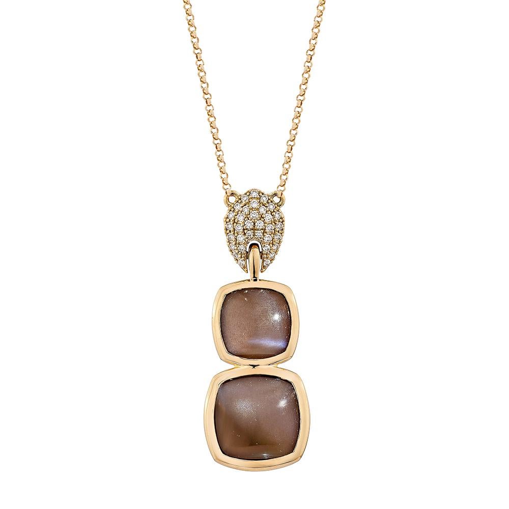 It is shown an excellent and classic Antique Chocolate Moonstone Cushion Briolette Shape Pendant. This Diamond pendant is made of rose gold and looks lovely and exquisite.

Chocolate Moonstone Pendant in 18Karat Rose Gold with White