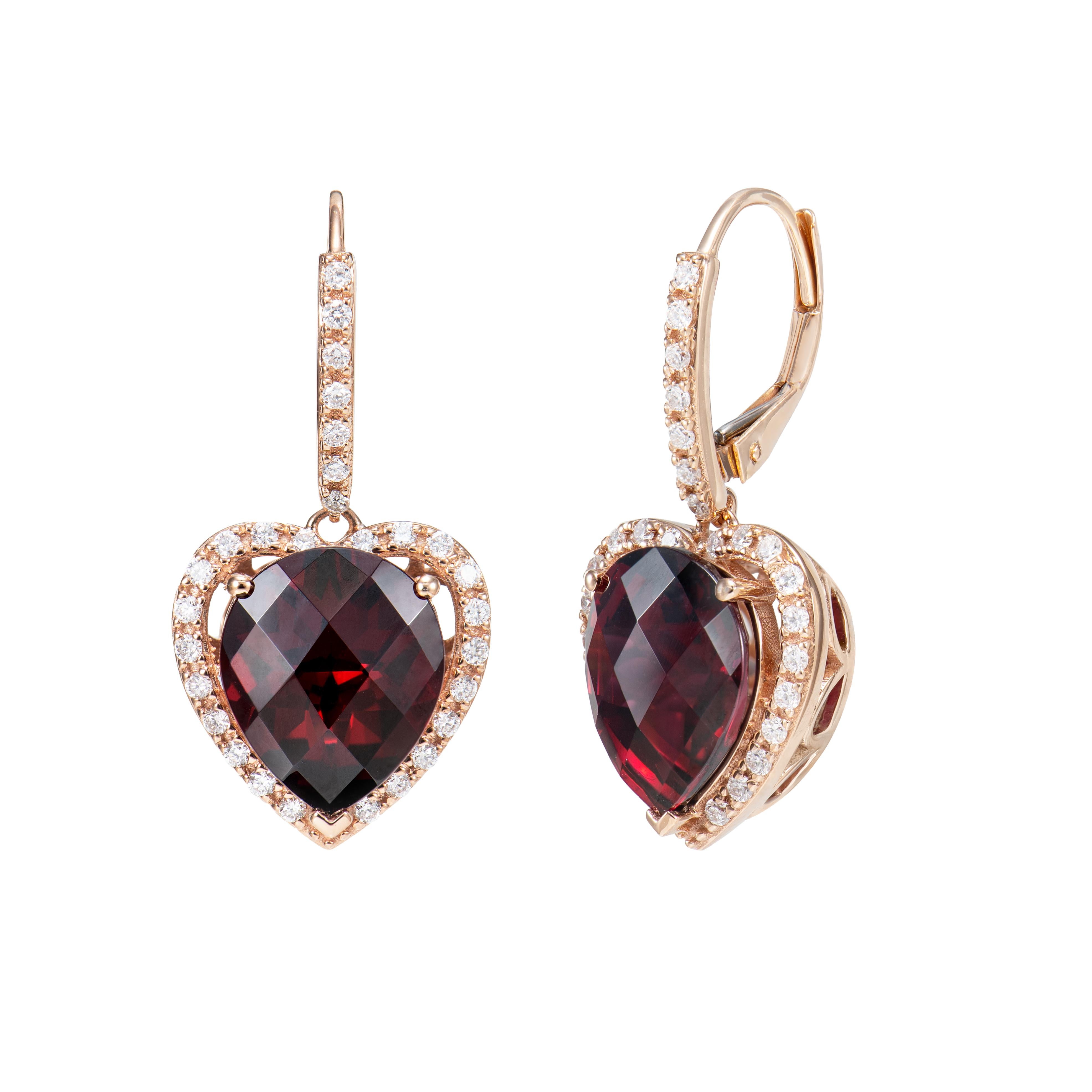 Taille poire Boucles d'oreilles en goutte en or rose 18 carats et rhodolite de 10,08 carats avec diamants blancs en vente