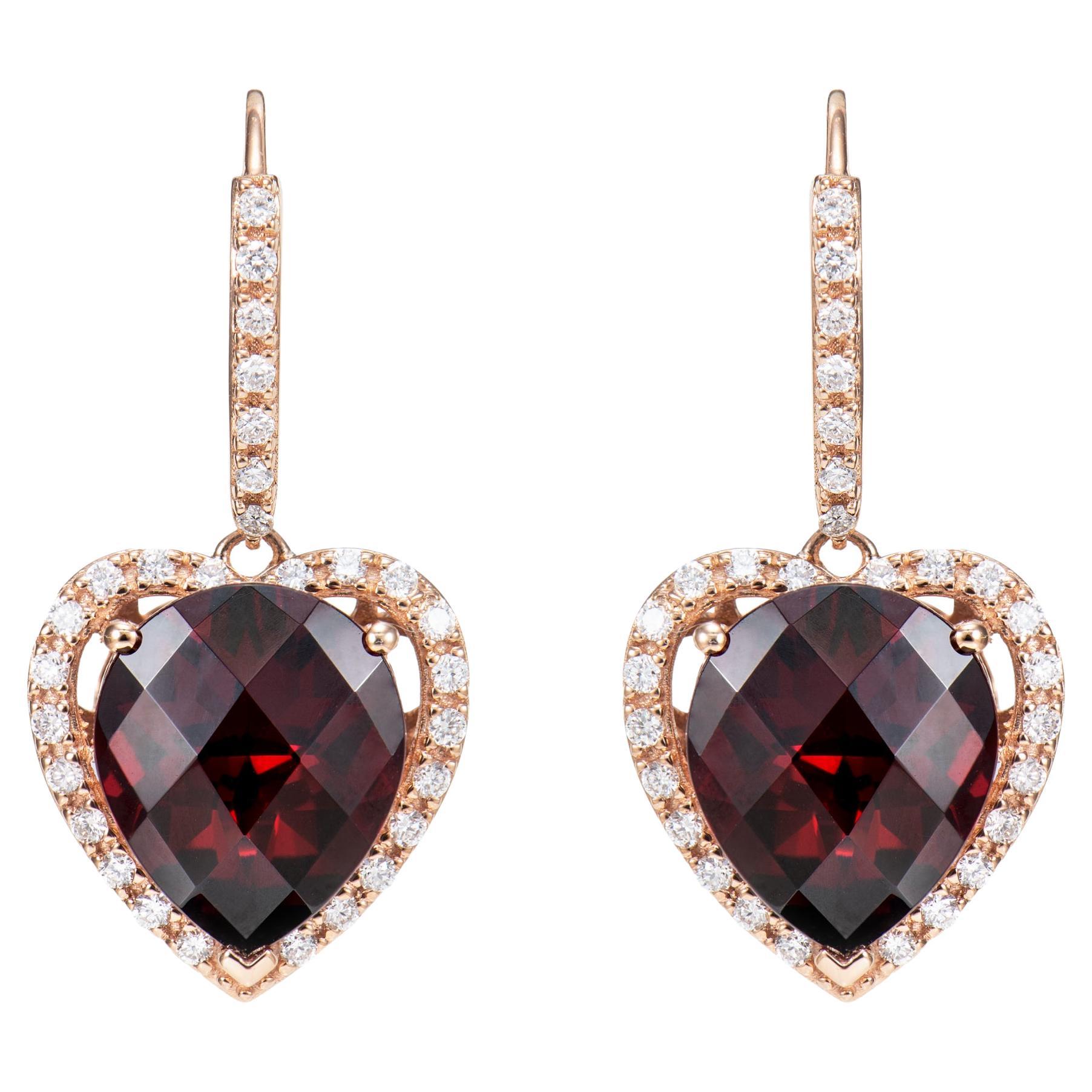 Boucles d'oreilles en goutte en or rose 18 carats et rhodolite de 10,08 carats avec diamants blancs en vente