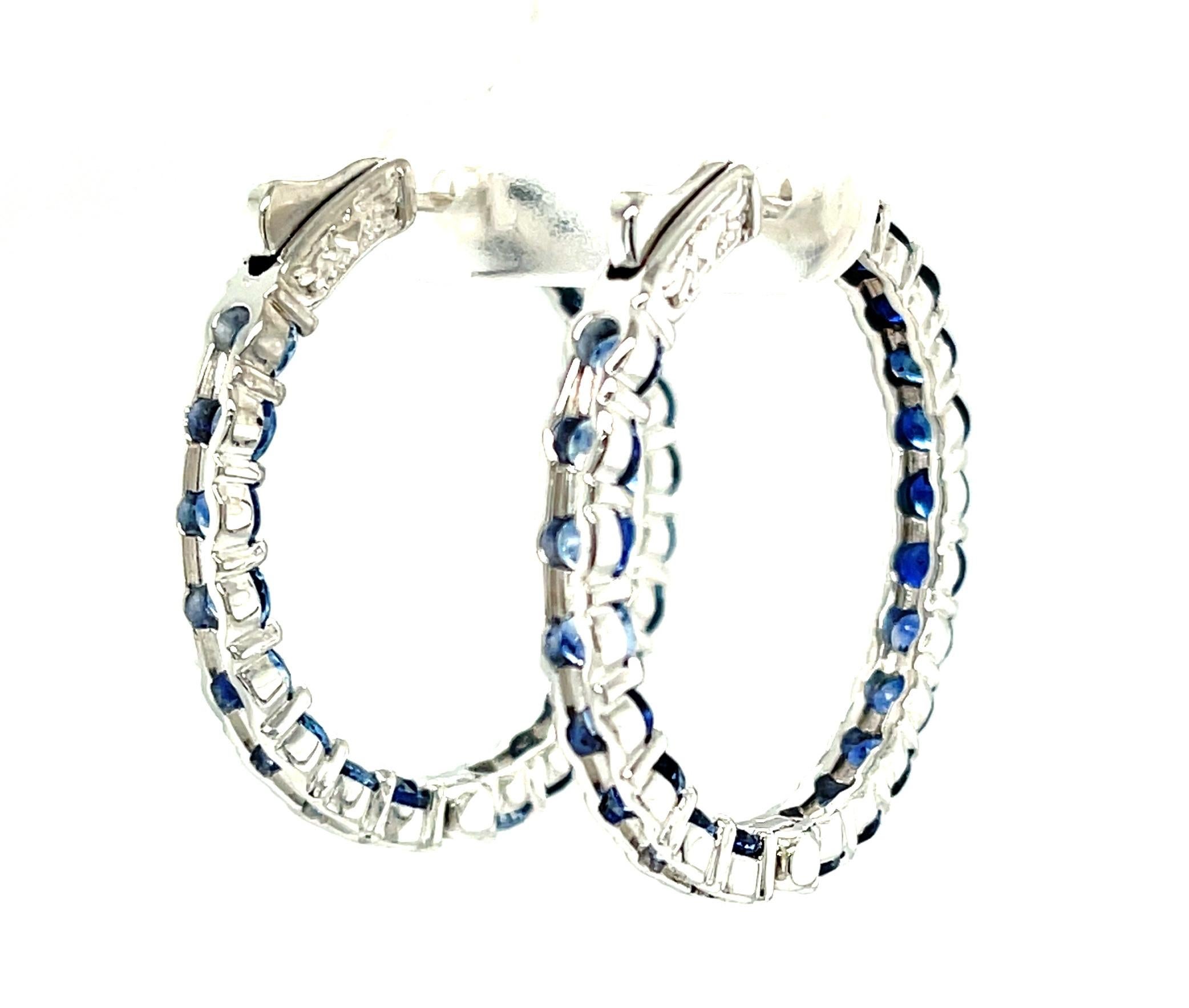 Round Cut 10.08 Carats Ombre Blue Sapphire White Gold Inside / Outside Hoop Earrings