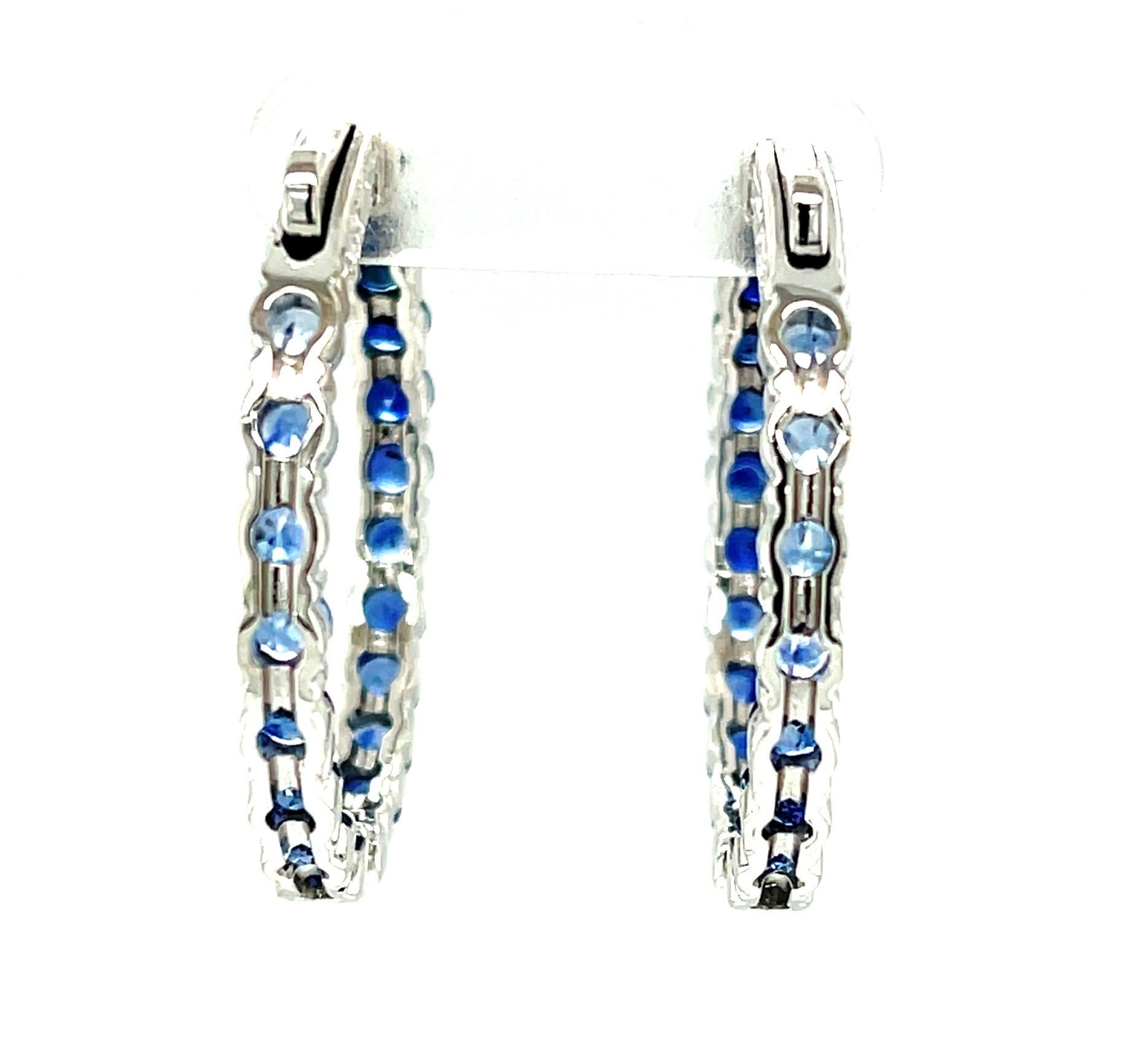 10.08 Carats Ombre Blue Sapphire White Gold Inside / Outside Hoop Earrings In New Condition In Los Angeles, CA
