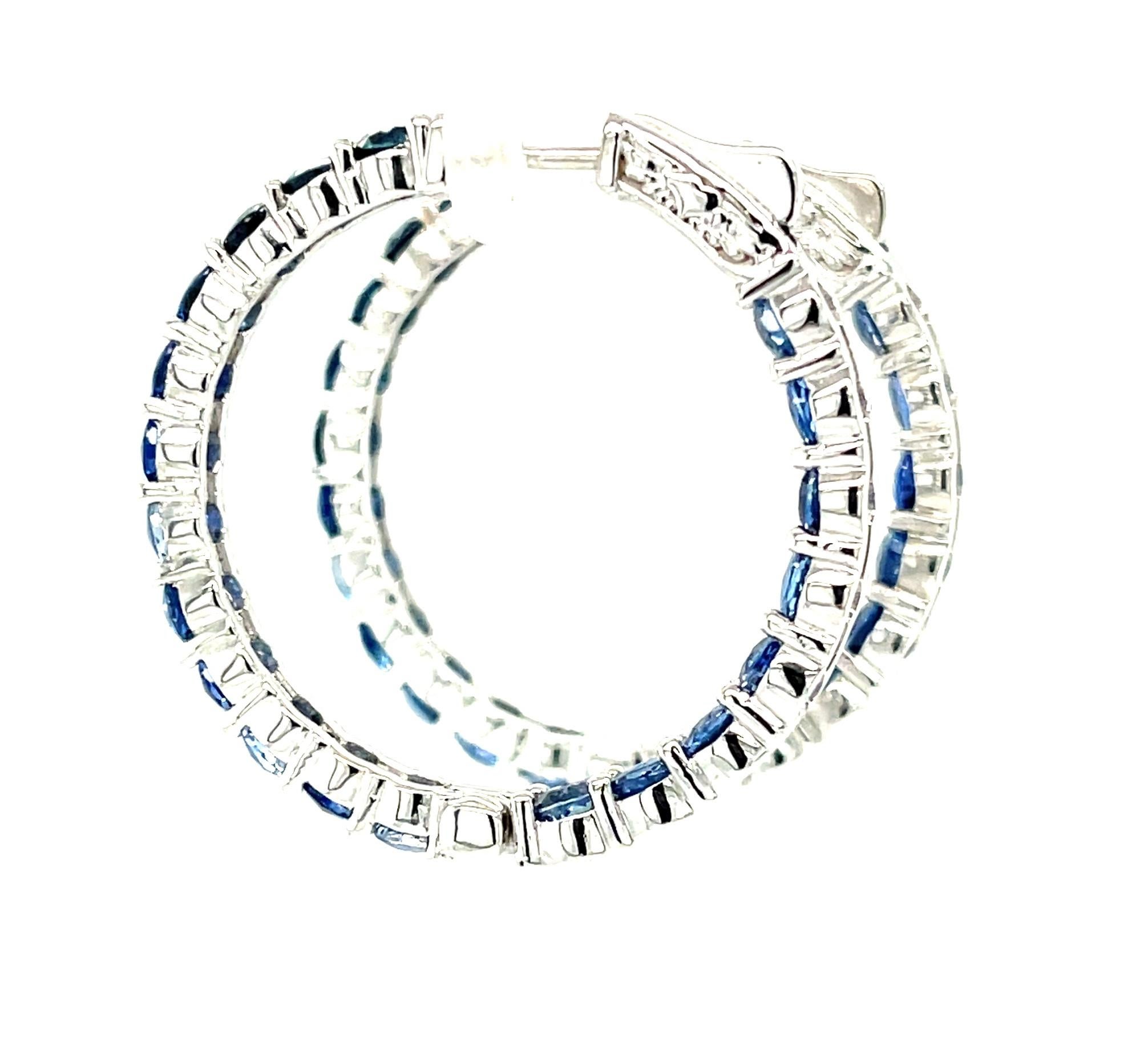 Women's or Men's 10.08 Carats Ombre Blue Sapphire White Gold Inside / Outside Hoop Earrings