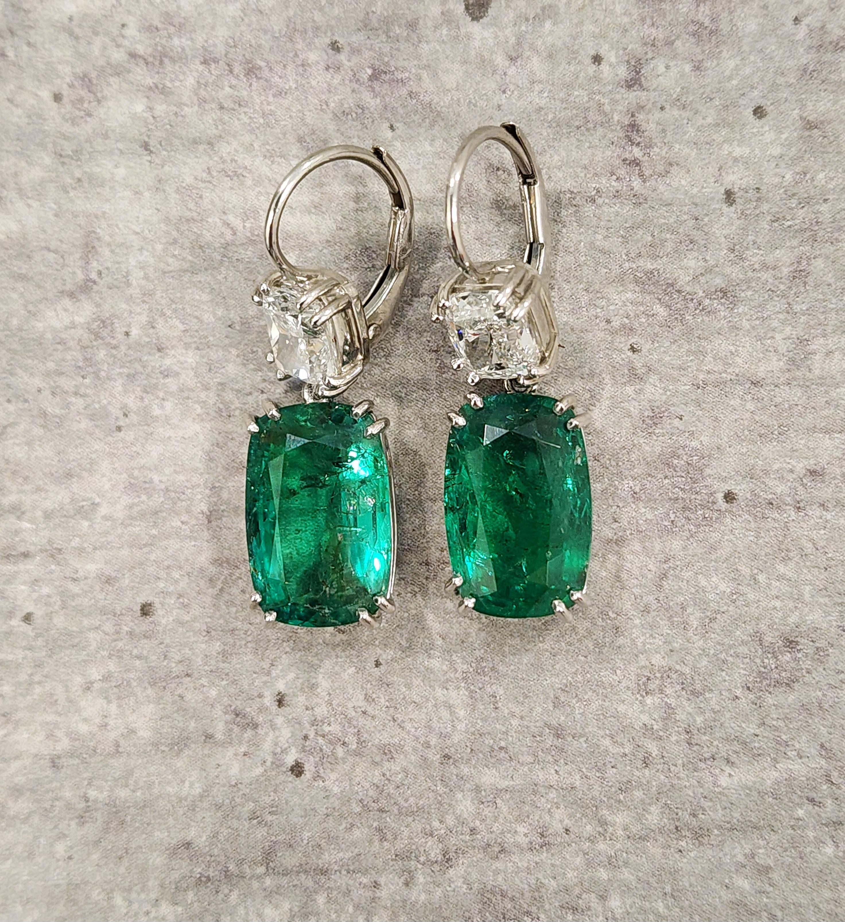 Cushion Cut 10.08 ct GIA Certified Zambian Emerald & Diamond Earrings For Sale