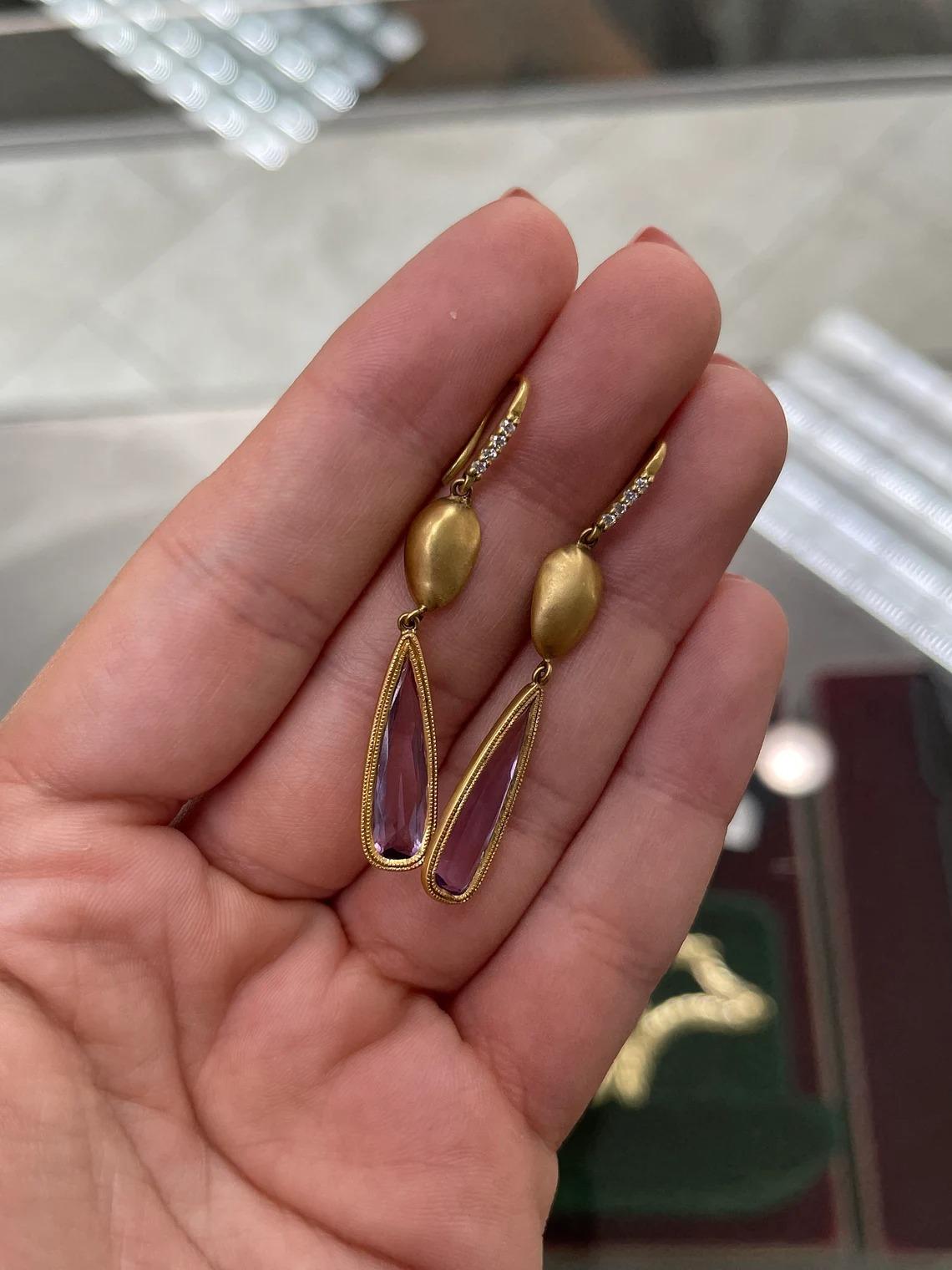 Pear Cut 10.08tcw 18K Natural Teardrop Amethyst & Diamond Accent Dangle Gold Earrings For Sale