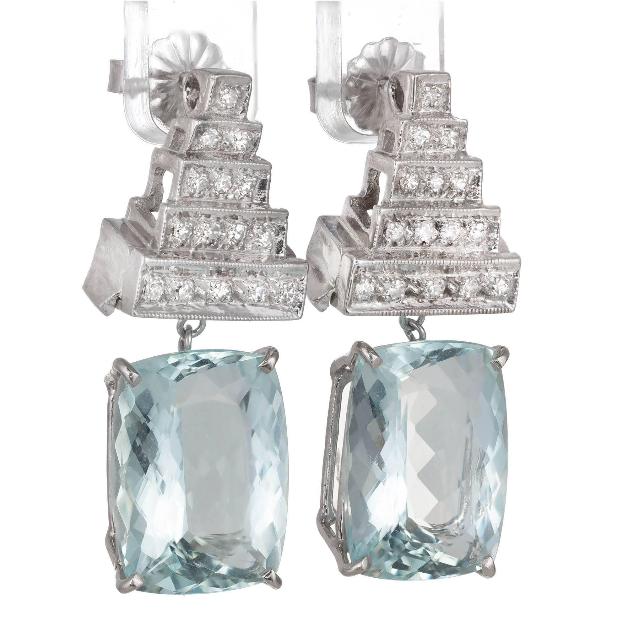 Cushion Cut 10.09 Carat Aqua Diamond Dangle Art Deco Platinum Earrings