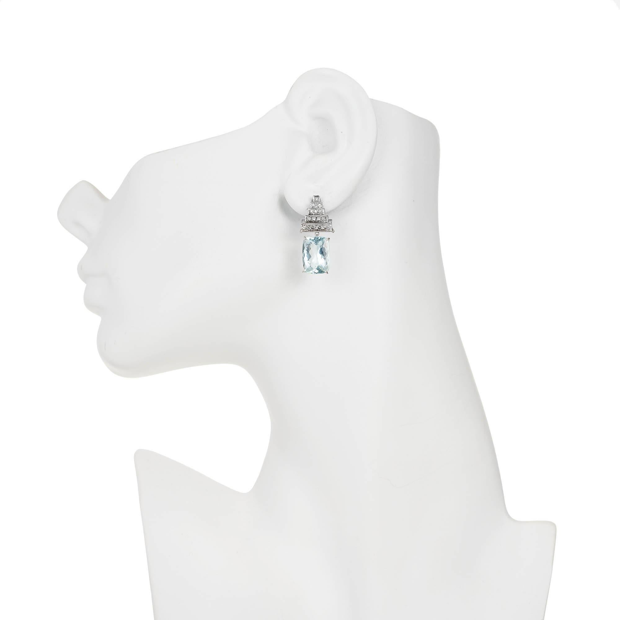 Women's 10.09 Carat Aqua Diamond Dangle Art Deco Platinum Earrings