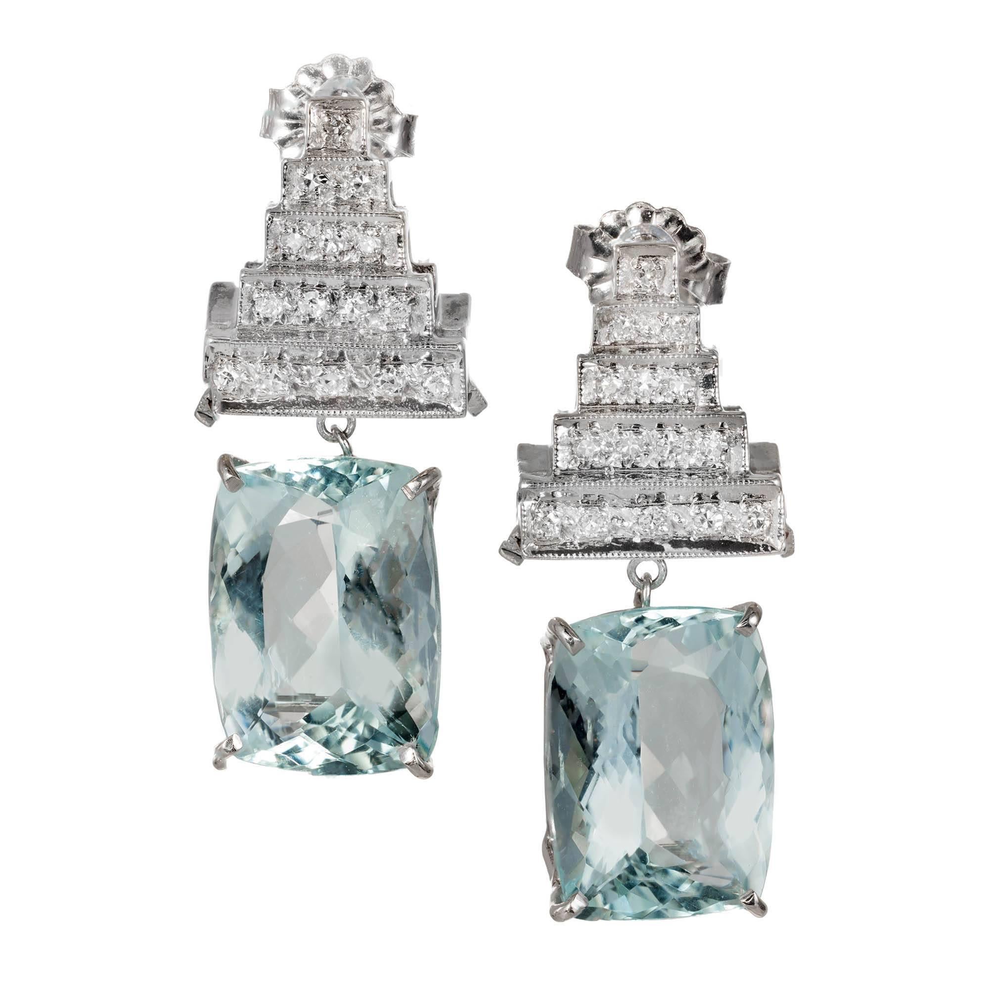 10.09 Carat Aqua Diamond Dangle Art Deco Platinum Earrings