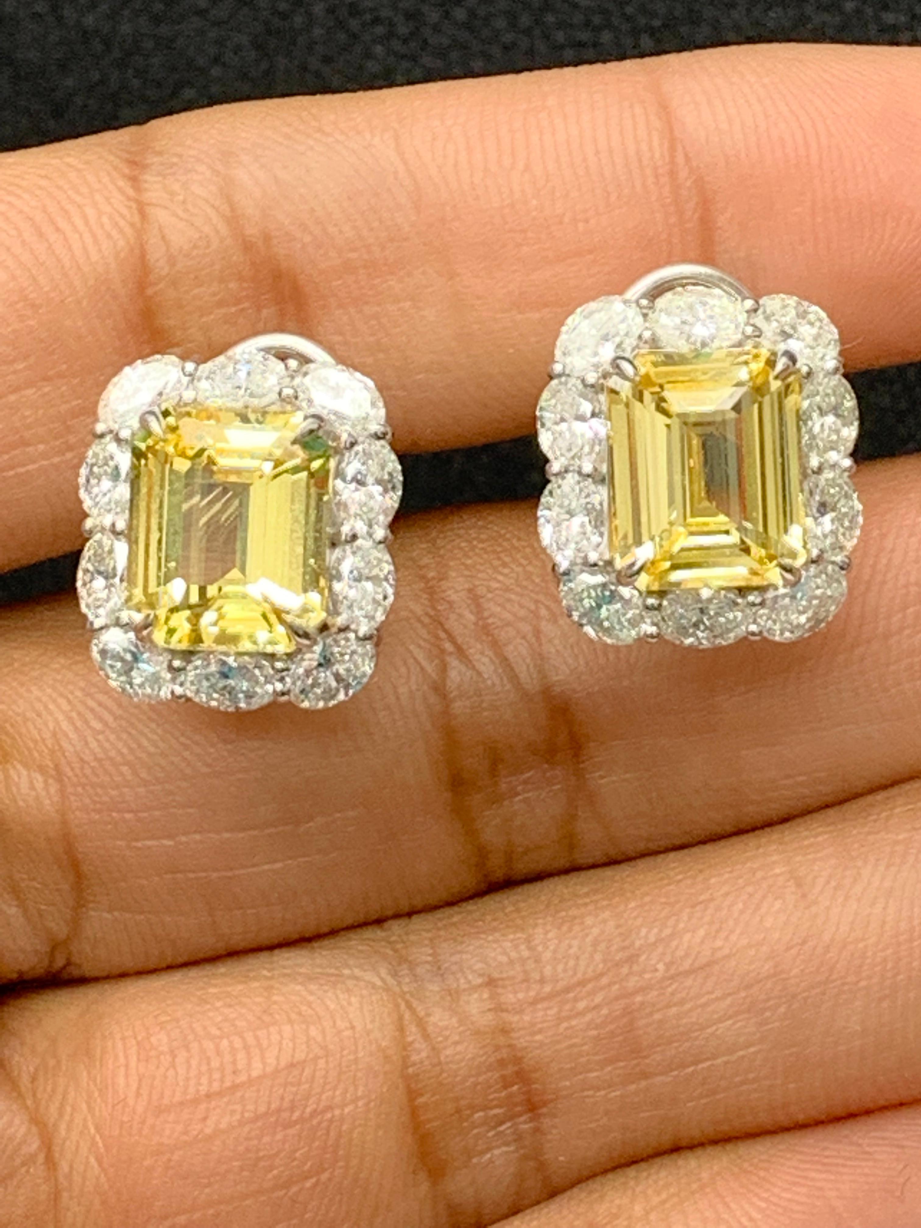 10.09 Carat Emerald Cut Yellow Sapphire Diamond Halo Earring in 18K White Gold For Sale 5