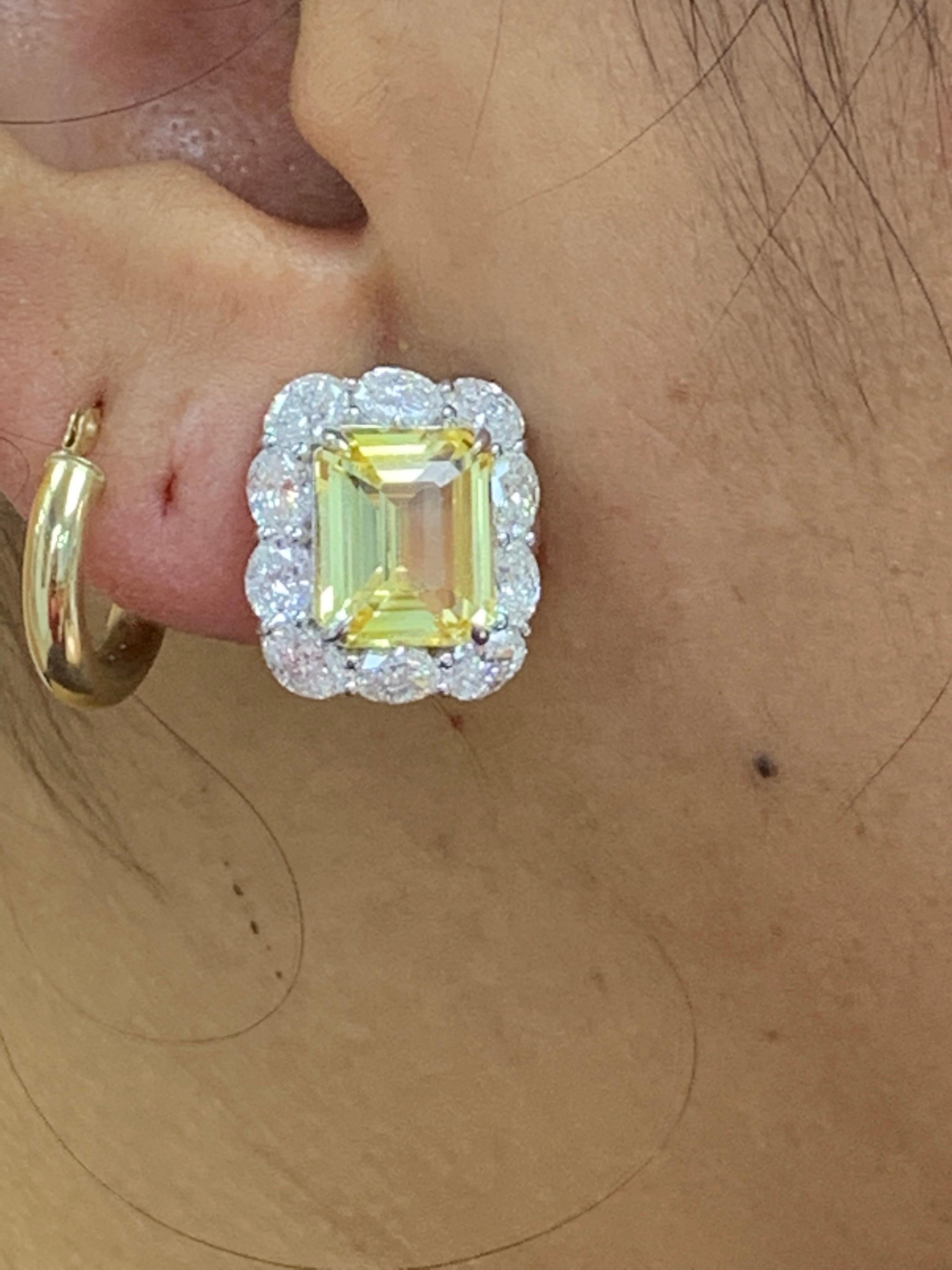 10.09 Carat Emerald Cut Yellow Sapphire Diamond Halo Earring in 18K White Gold For Sale 7
