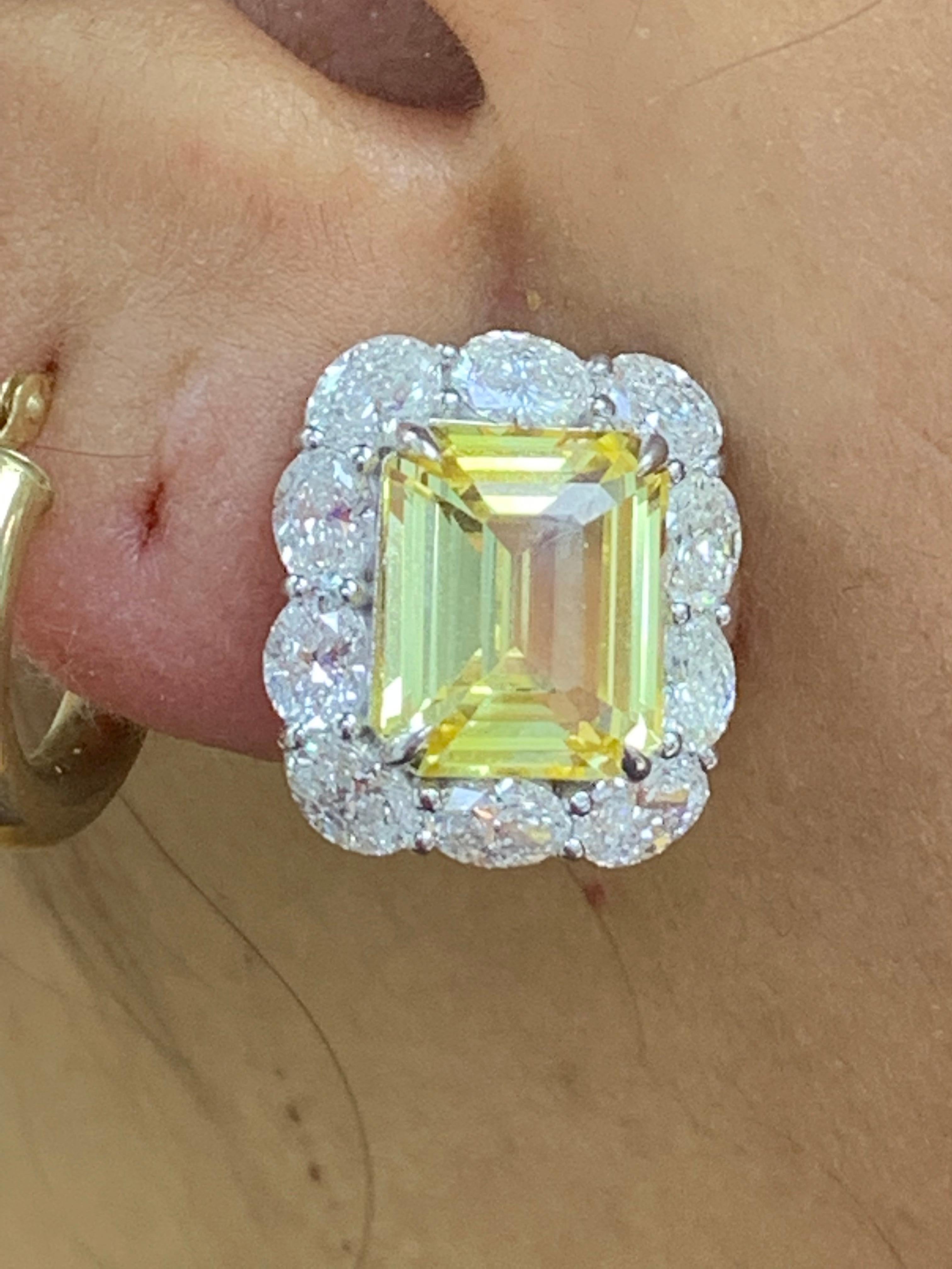 10.09 Carat Emerald Cut Yellow Sapphire Diamond Halo Earring in 18K White Gold For Sale 8