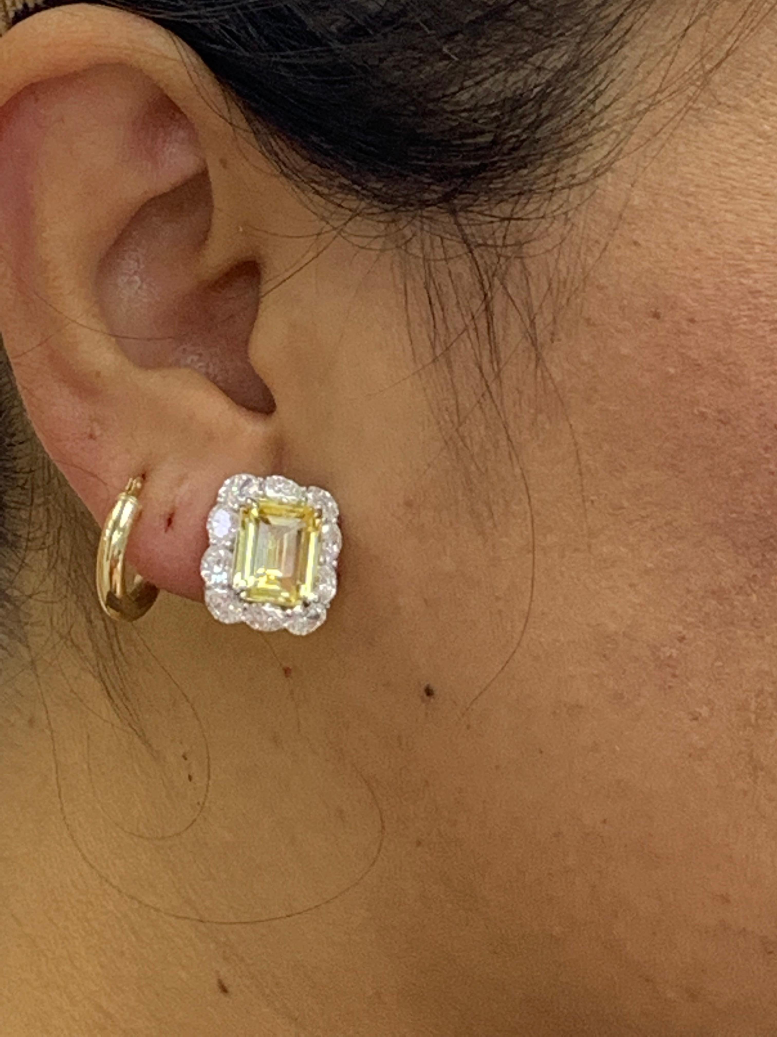 10.09 Carat Emerald Cut Yellow Sapphire Diamond Halo Earring in 18K White Gold For Sale 9