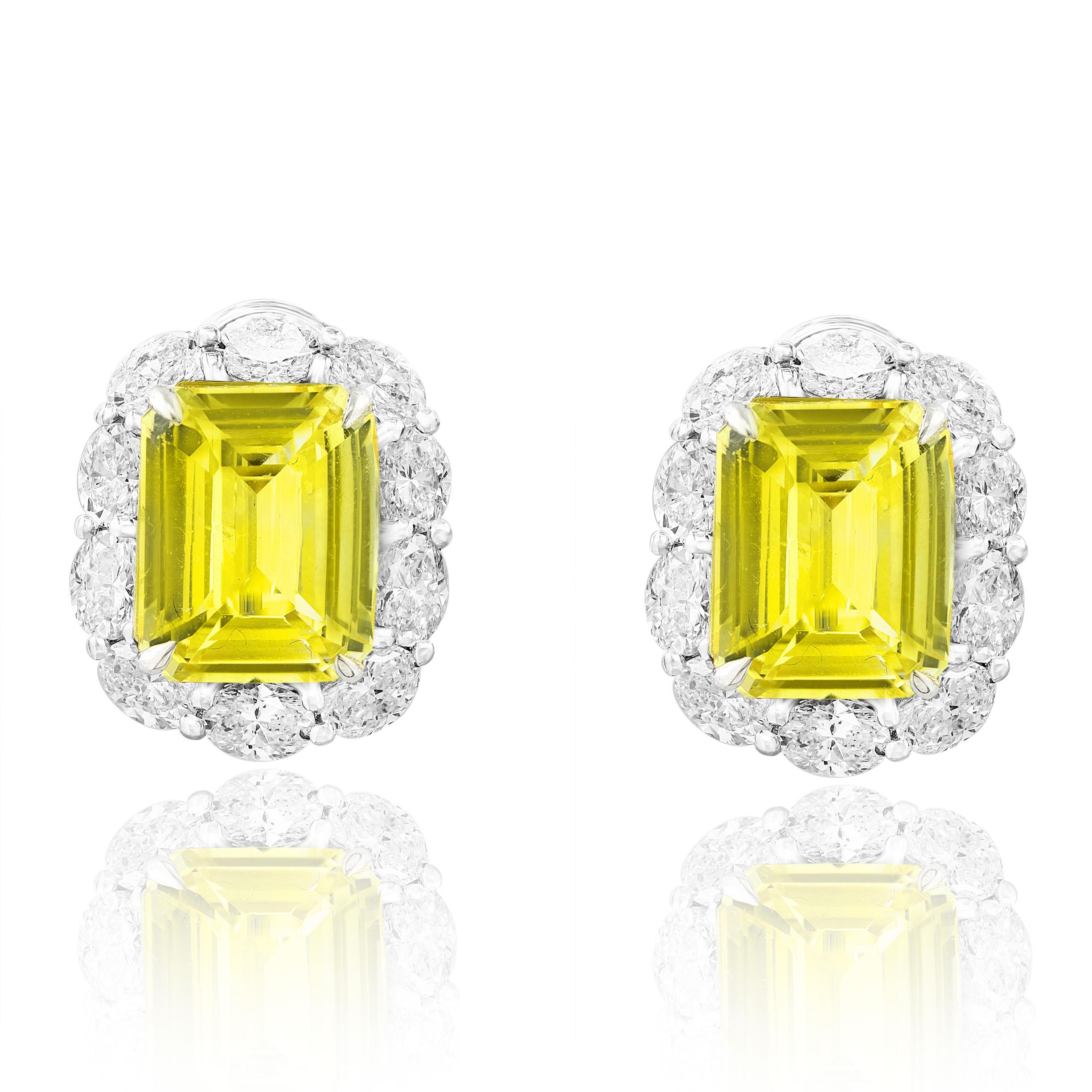 Modern 10.09 Carat Emerald Cut Yellow Sapphire Diamond Halo Earring in 18K White Gold For Sale