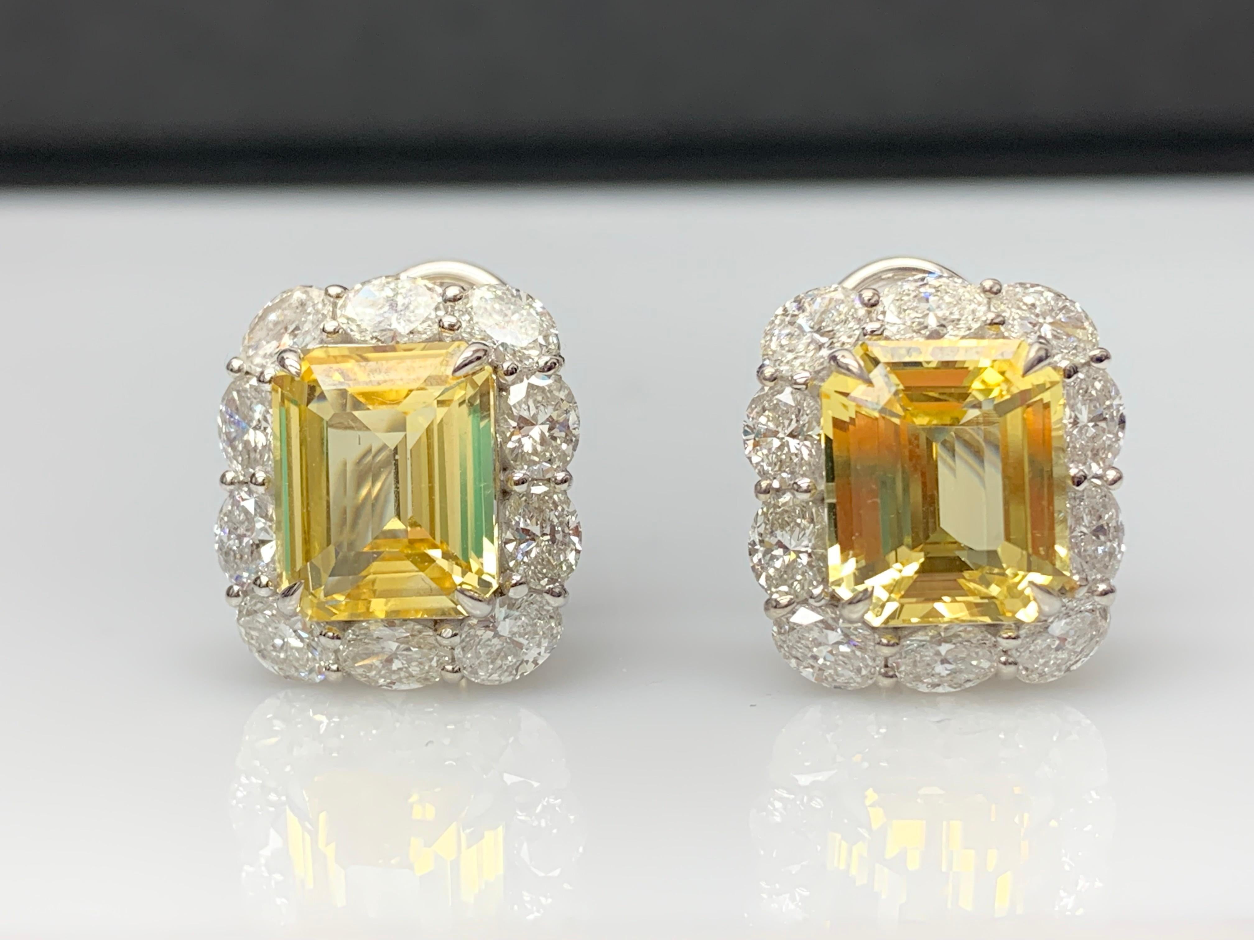 10.09 Carat Emerald Cut Yellow Sapphire Diamond Halo Earring in 18K White Gold In New Condition For Sale In NEW YORK, NY