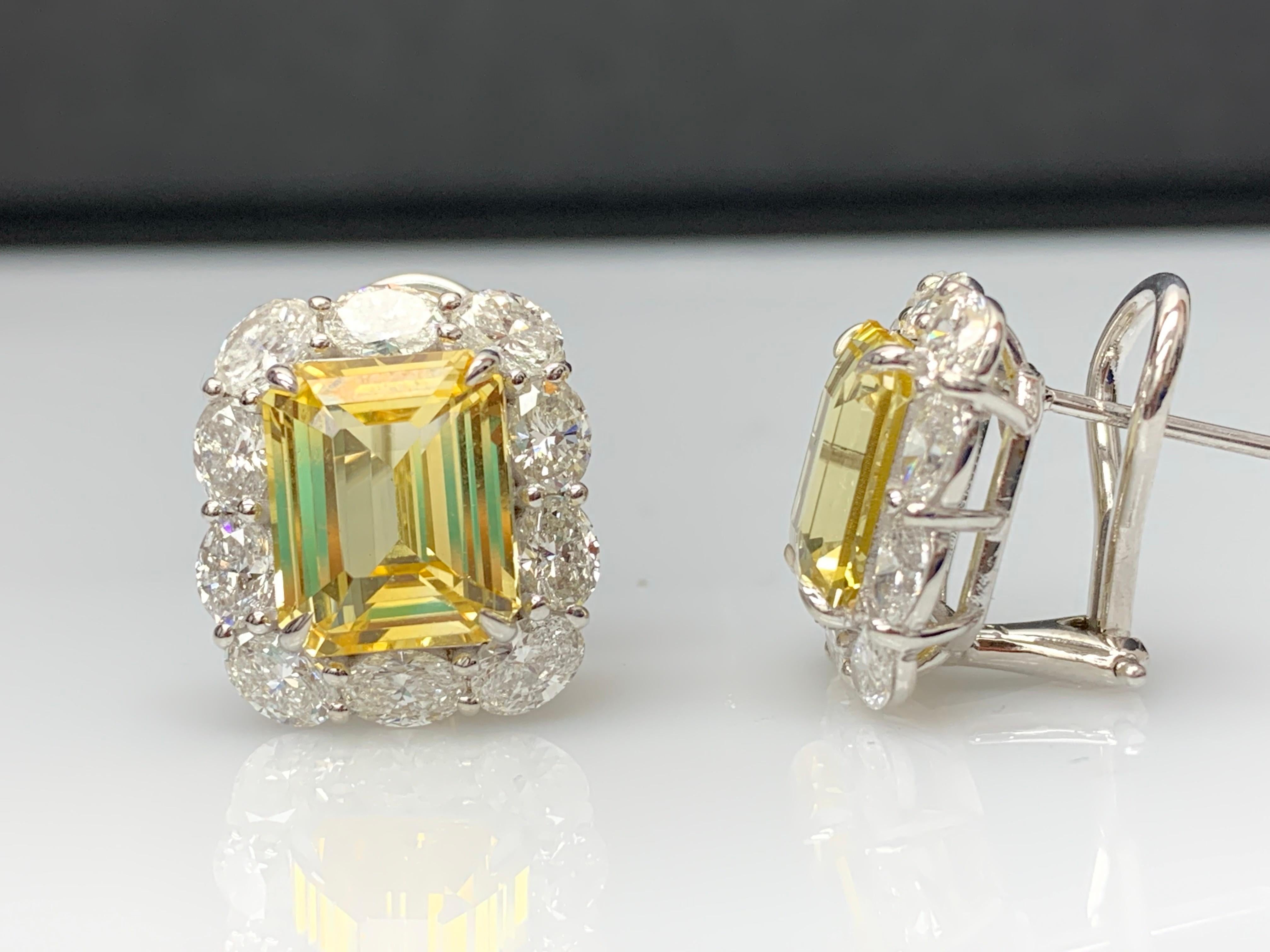 Women's 10.09 Carat Emerald Cut Yellow Sapphire Diamond Halo Earring in 18K White Gold For Sale