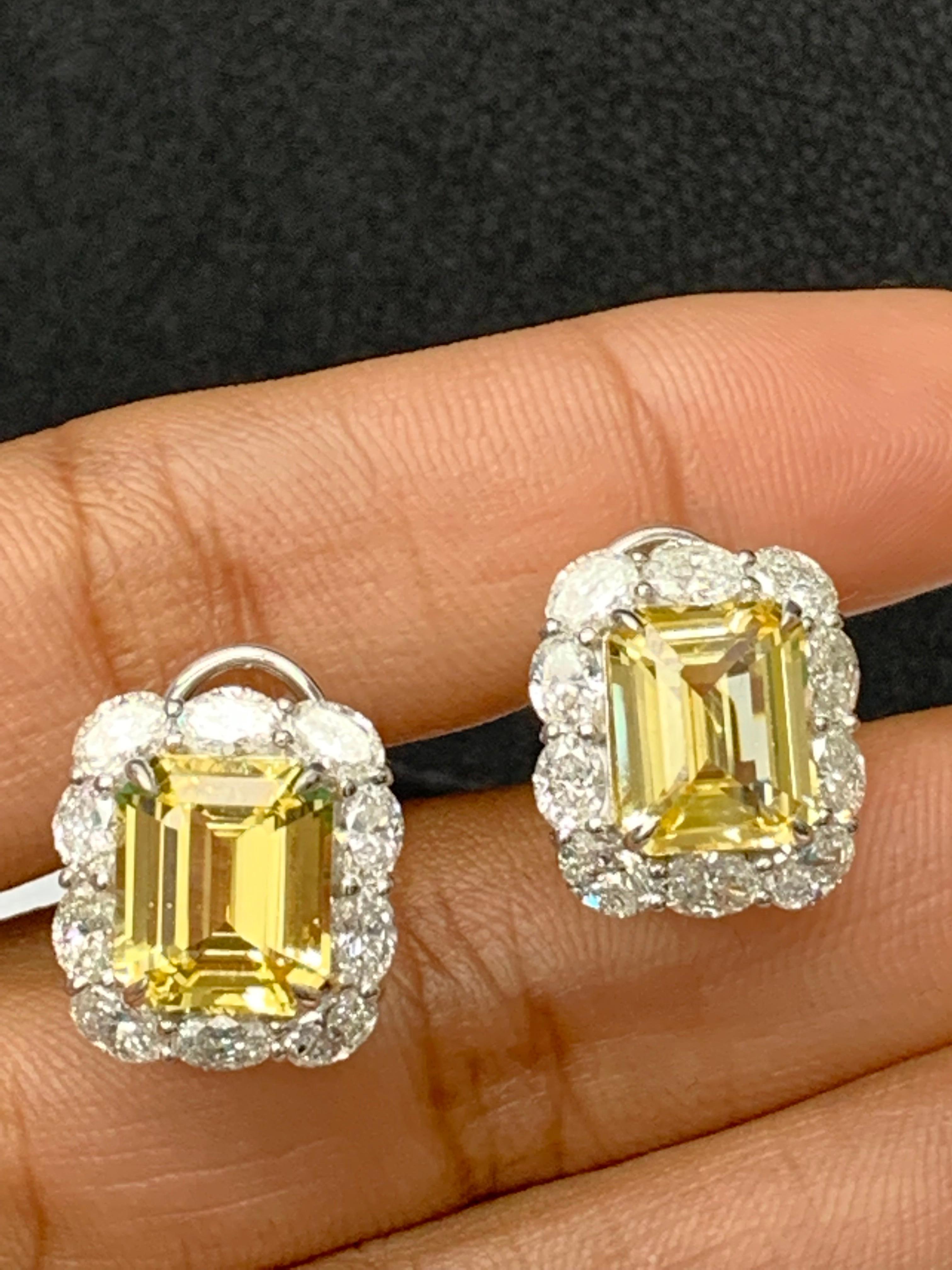 10.09 Carat Emerald Cut Yellow Sapphire Diamond Halo Earring in 18K White Gold For Sale 3