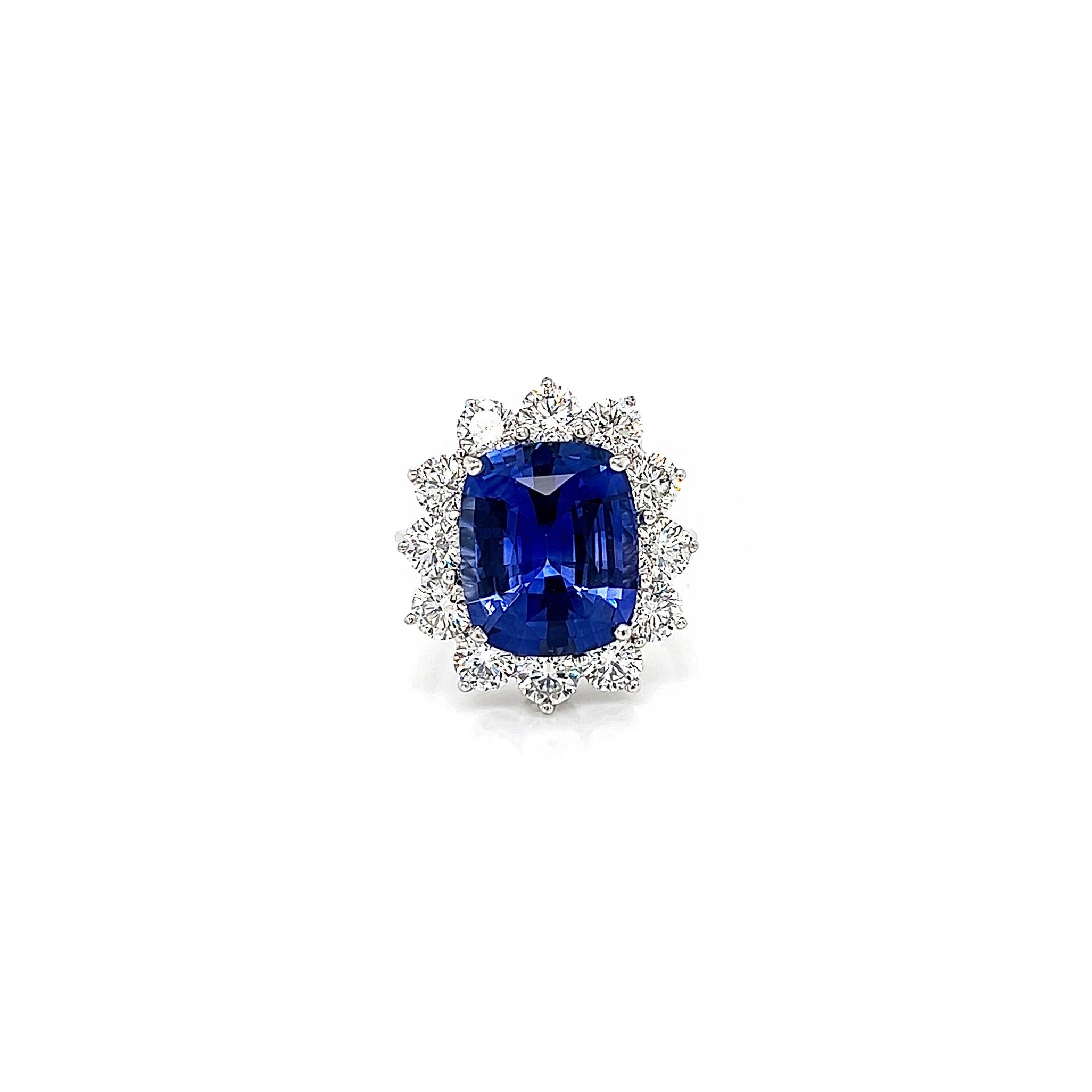 10.09 Total Carat Sapphire and Diamond Halo Ladies Engagement Ring. GIA Certified.

Designed by a European jeweler, this statement ring will wow any onlooker. Featuring a startling 7.61 Carat Natural Blue Sapphire from Sri Lanka, the ring is regal