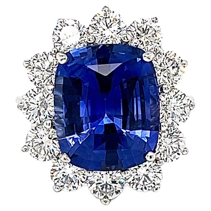 10.09 Total Carat Sapphire and Diamond Halo Ladies Engagement Ring GIA For Sale