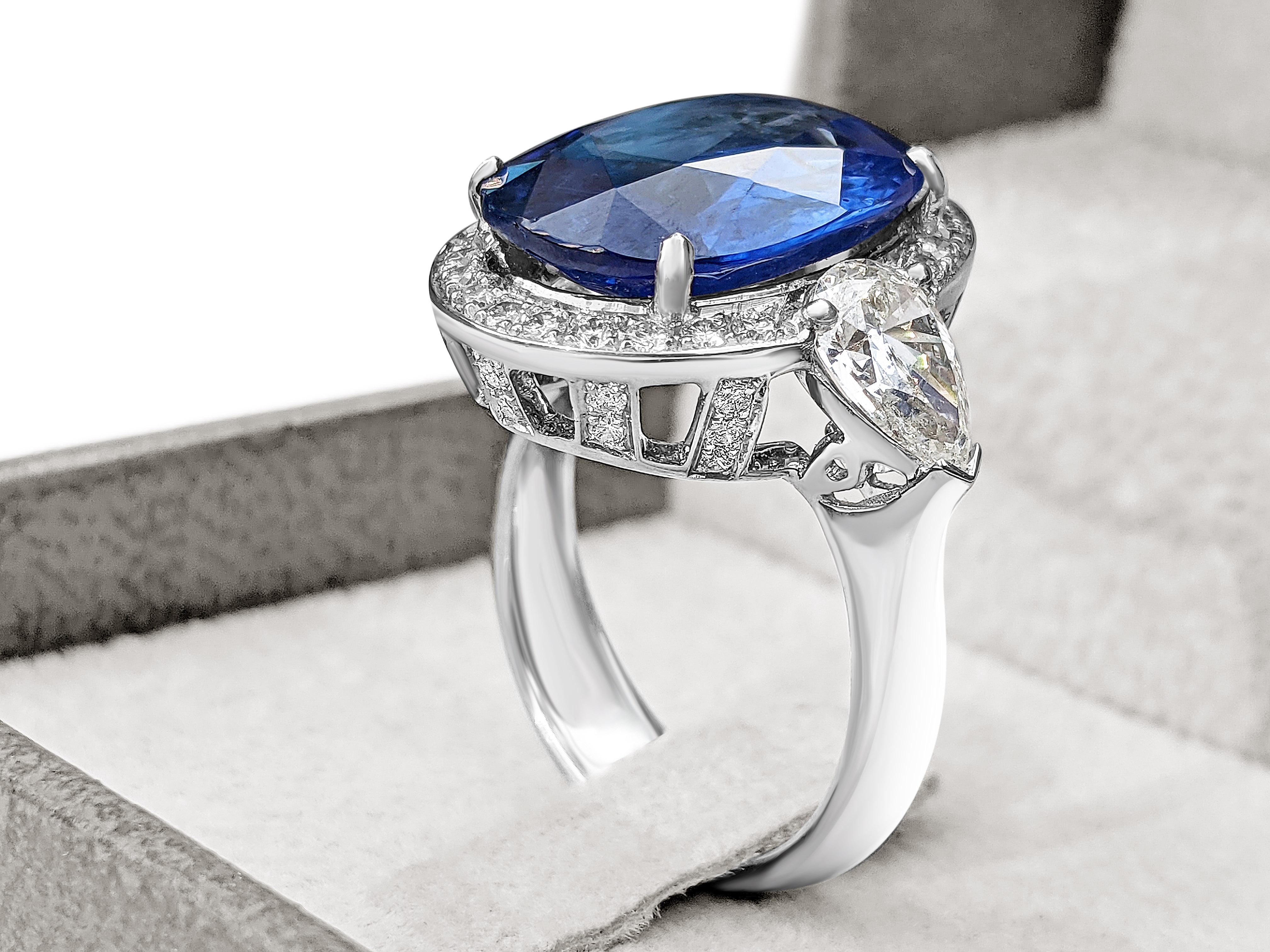 10.09Ct No Heat Burma Sapphire and Pear Diamonds Ring, 18 Kt. White Gold Ring 4