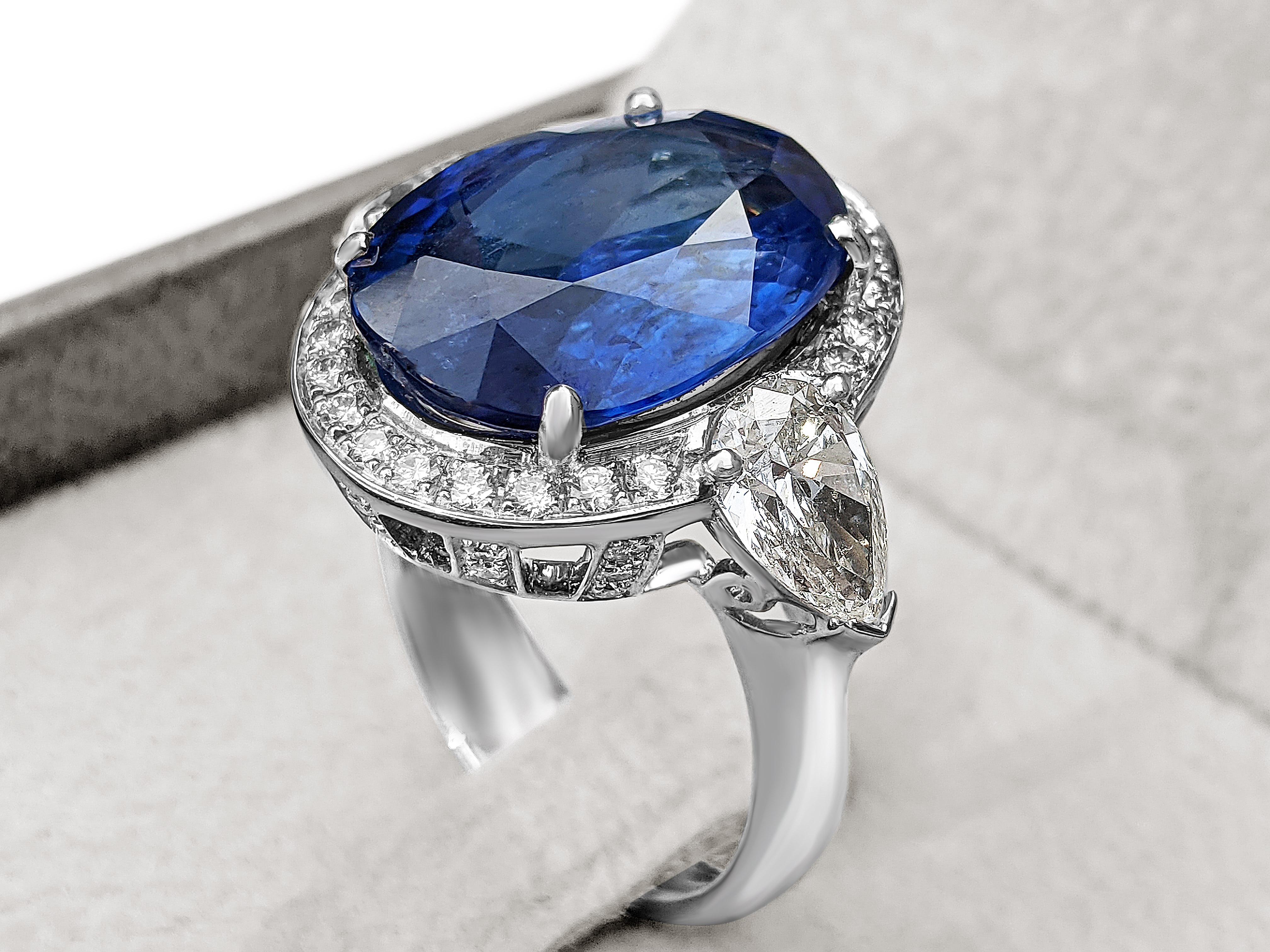 10.09Ct No Heat Burma Sapphire and Pear Diamonds Ring, 18 Kt. White Gold Ring 5