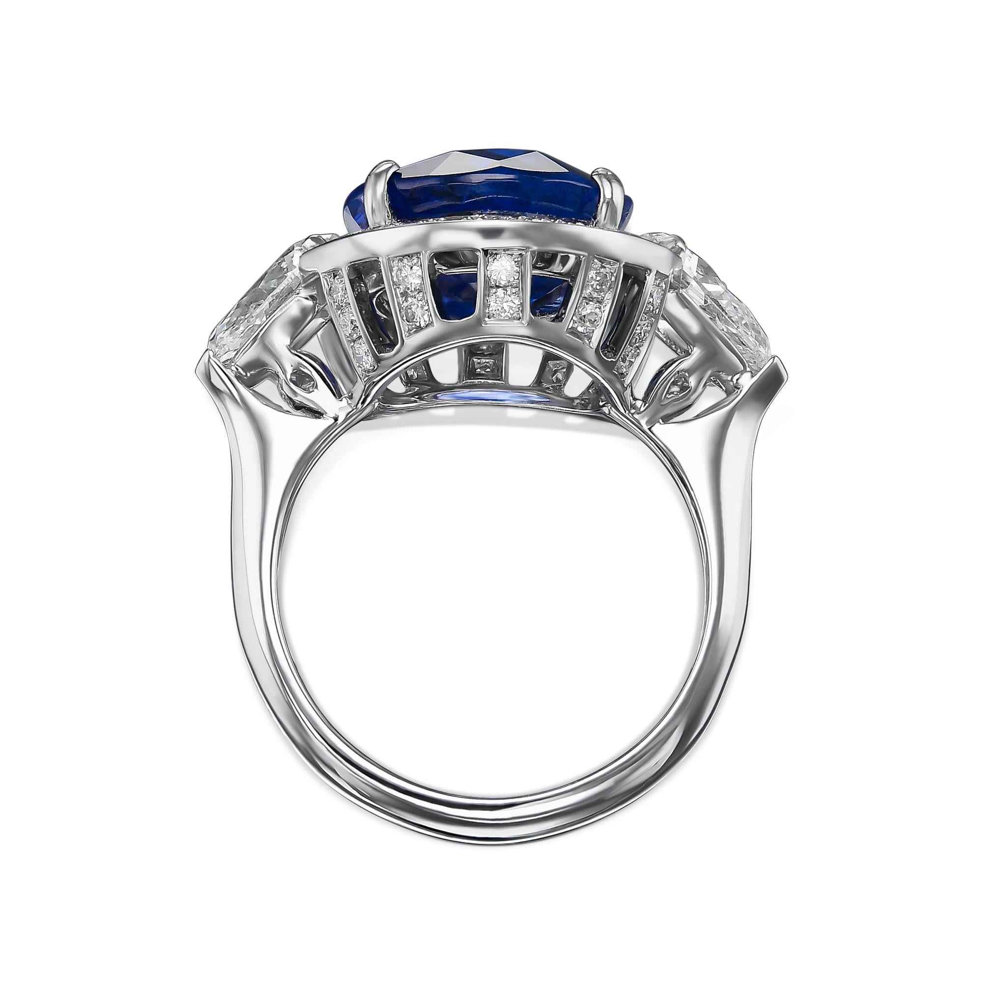 Oval Cut 10.09Ct No Heat Burma Sapphire and Pear Diamonds Ring, 18 Kt. White Gold Ring