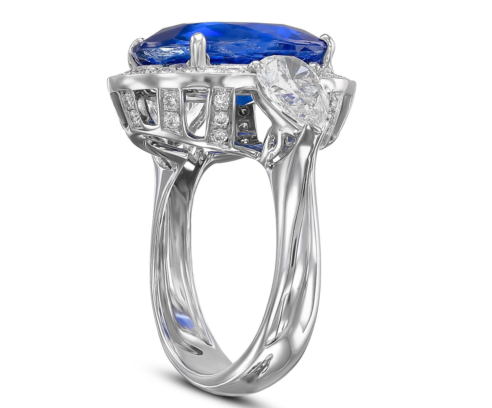 10.09Ct No Heat Burma Sapphire and Pear Diamonds Ring, 18 Kt. White Gold Ring In New Condition In Ramat Gan, IL