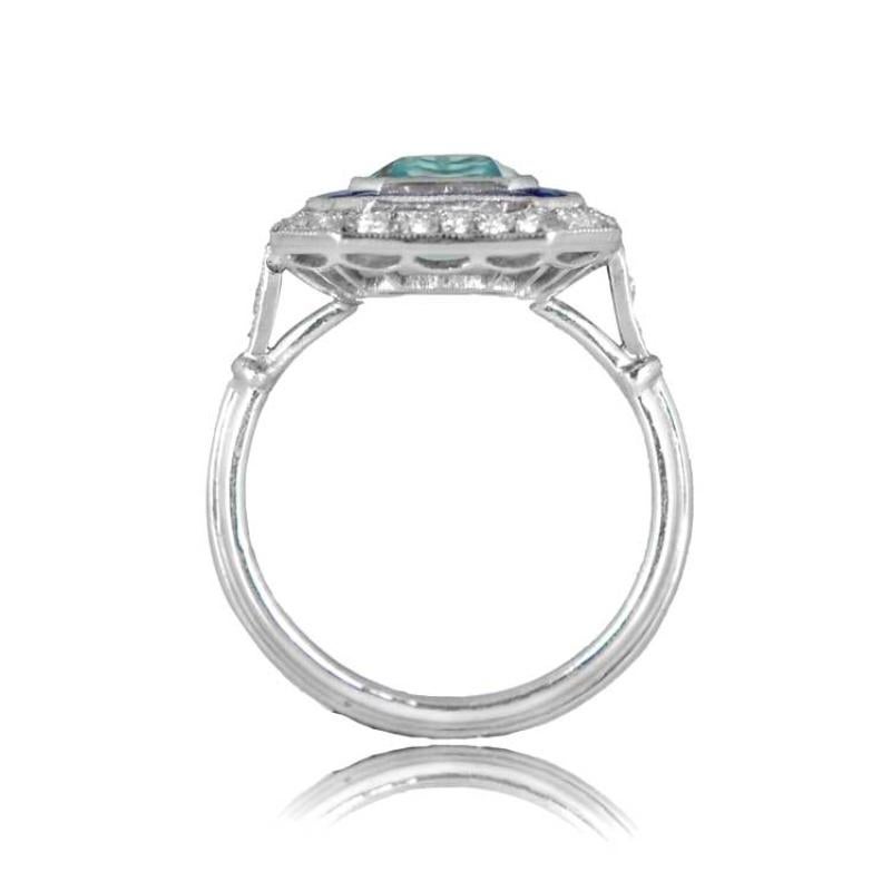 Art Deco 1.00ct Asscher Cut Aquamarine Engagement Ring, Sapphire & Diamond Halo, Platinum For Sale