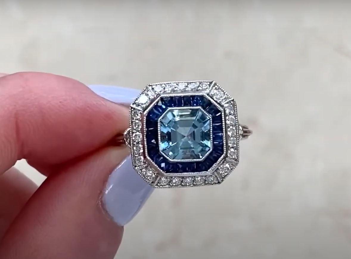 Women's 1.00ct Asscher Cut Aquamarine Engagement Ring, Sapphire & Diamond Halo, Platinum For Sale