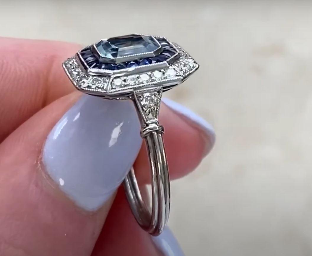 1.00ct Asscher Cut Aquamarine Engagement Ring, Sapphire & Diamond Halo, Platinum For Sale 1