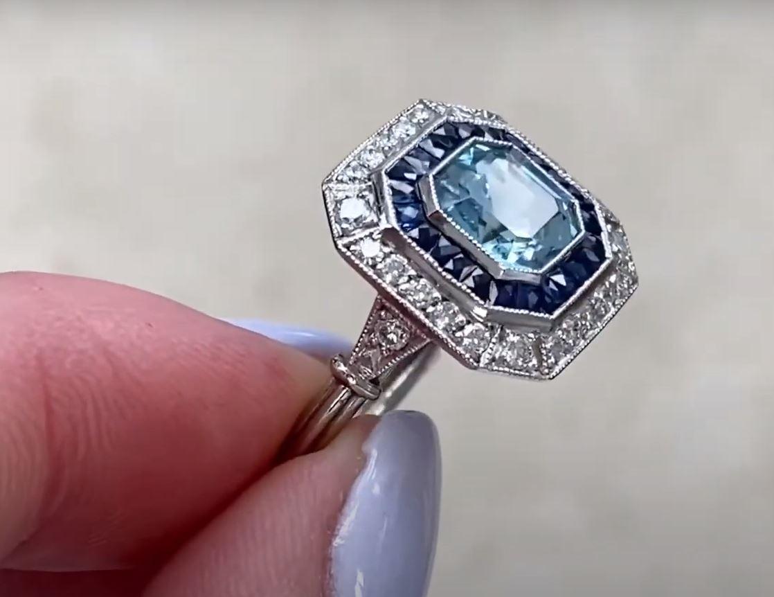 1.00ct Asscher Cut Aquamarine Engagement Ring, Sapphire & Diamond Halo, Platinum For Sale 2
