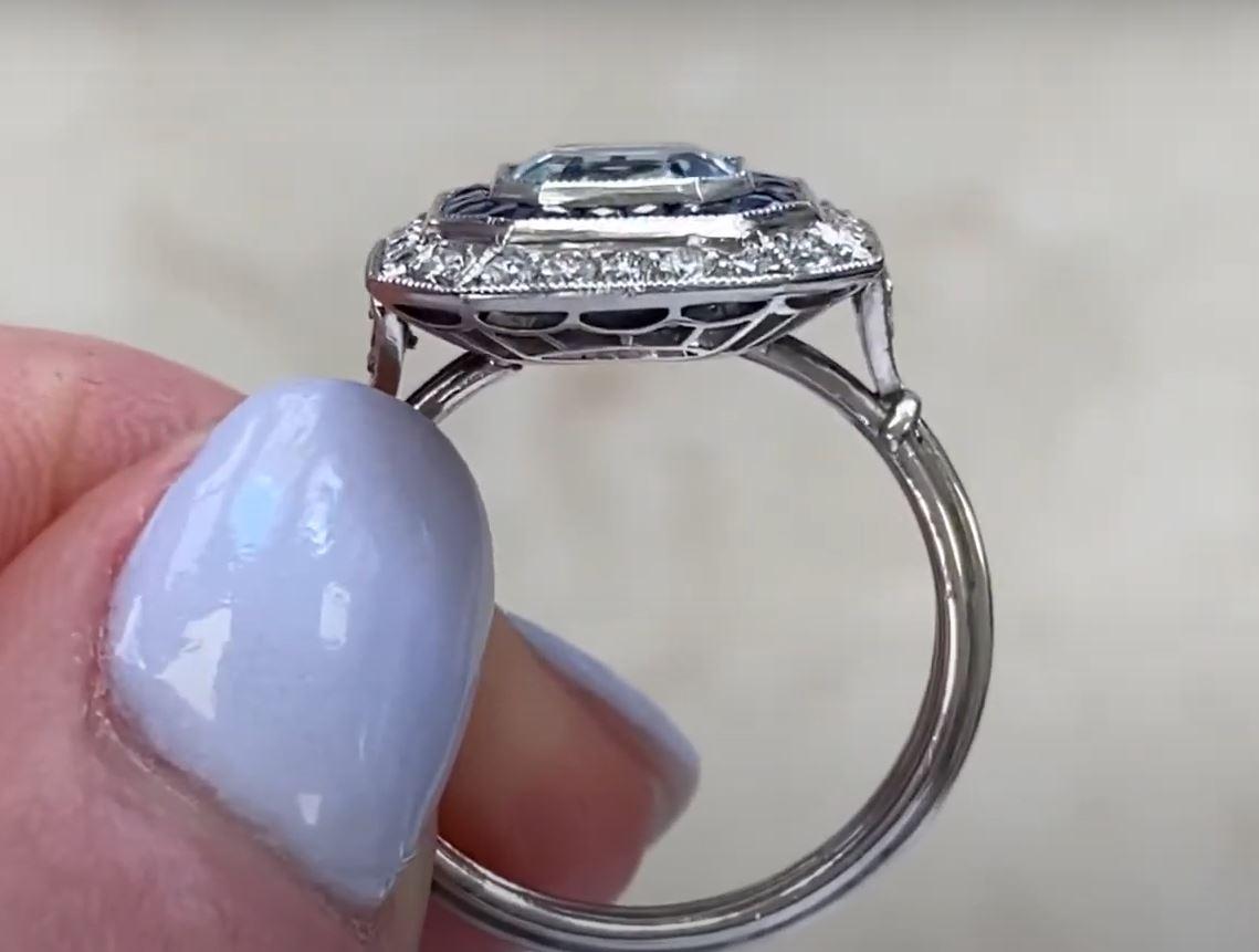 1.00ct Asscher Cut Aquamarine Engagement Ring, Sapphire & Diamond Halo, Platinum For Sale 3