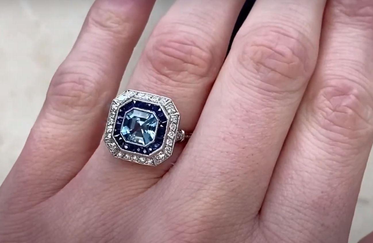 1.00ct Asscher Cut Aquamarine Engagement Ring, Sapphire & Diamond Halo, Platinum For Sale 4