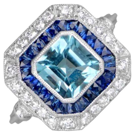 1.00ct Asscher Cut Aquamarine Engagement Ring, Sapphire & Diamond Halo, Platinum