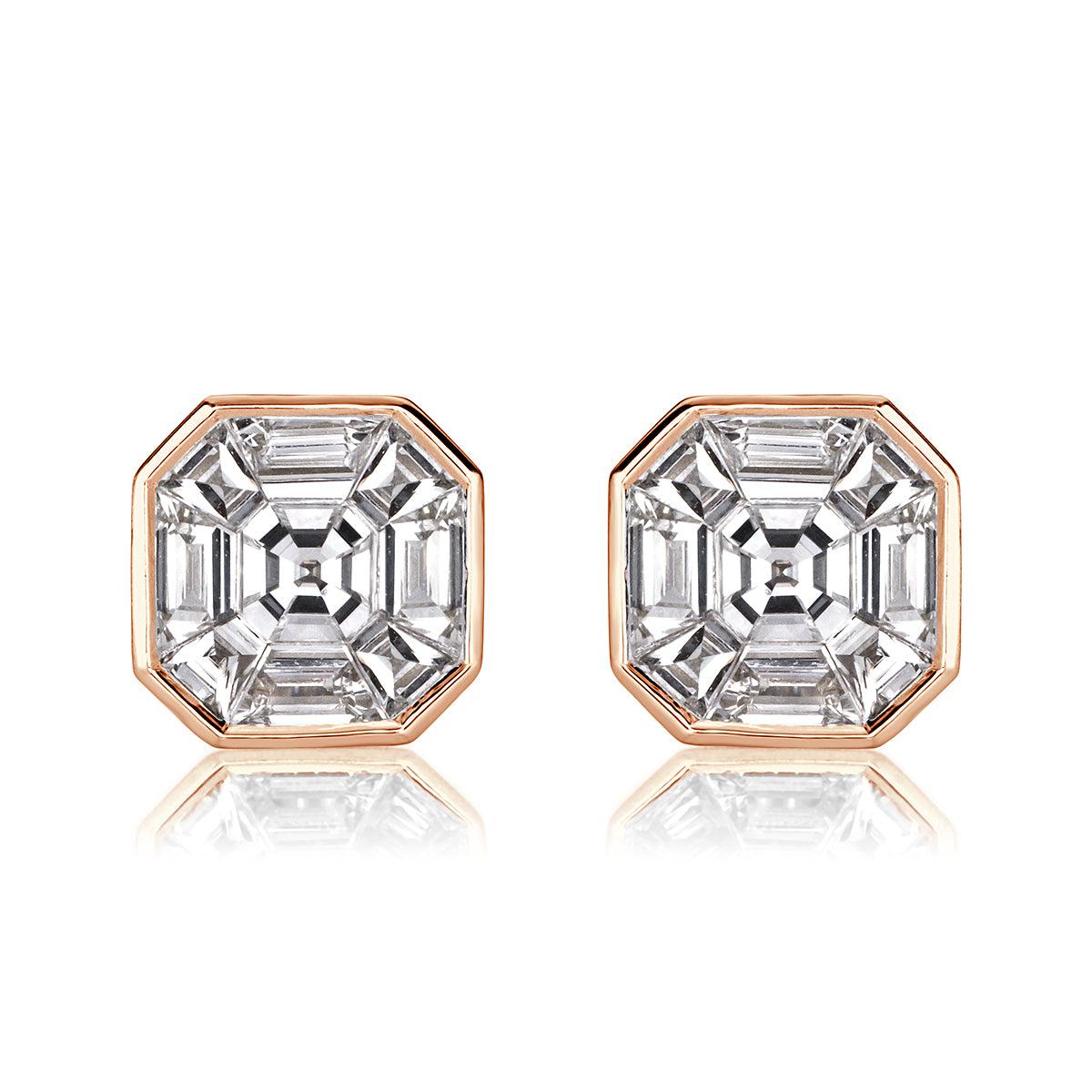 1.00ct Asscher Cut Mosaic Diamond Stud Earrings in 18K Rose Gold For Sale