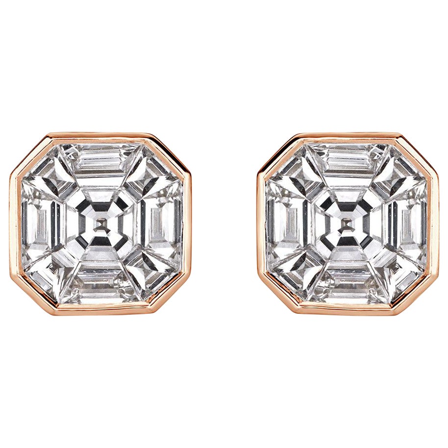 1.00ct Asscher Cut Mosaic Diamond Stud Earrings in 18K Rose Gold